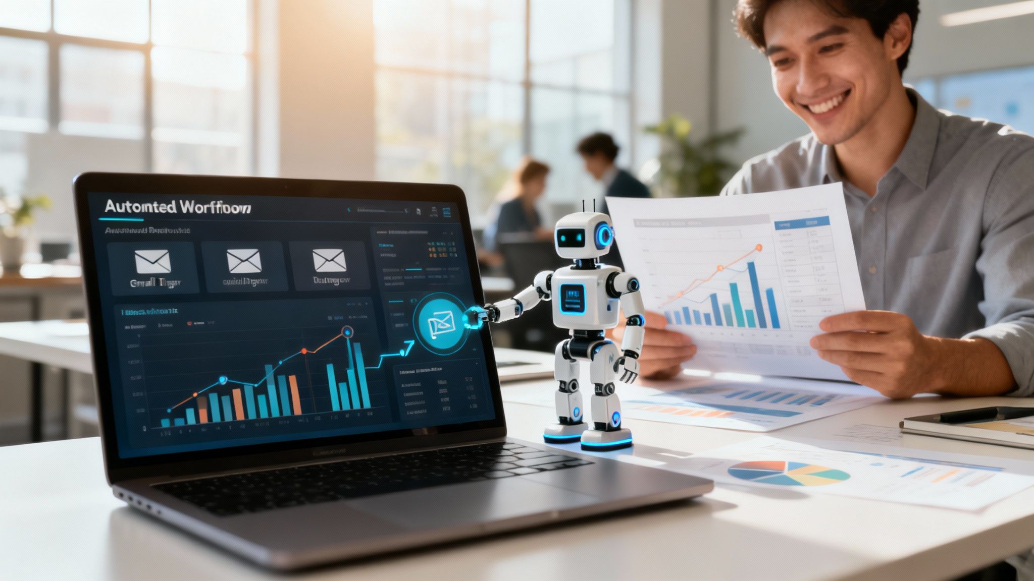 A robot arm and a human hand working together on a digital interface, symbolizing automation in business operations.