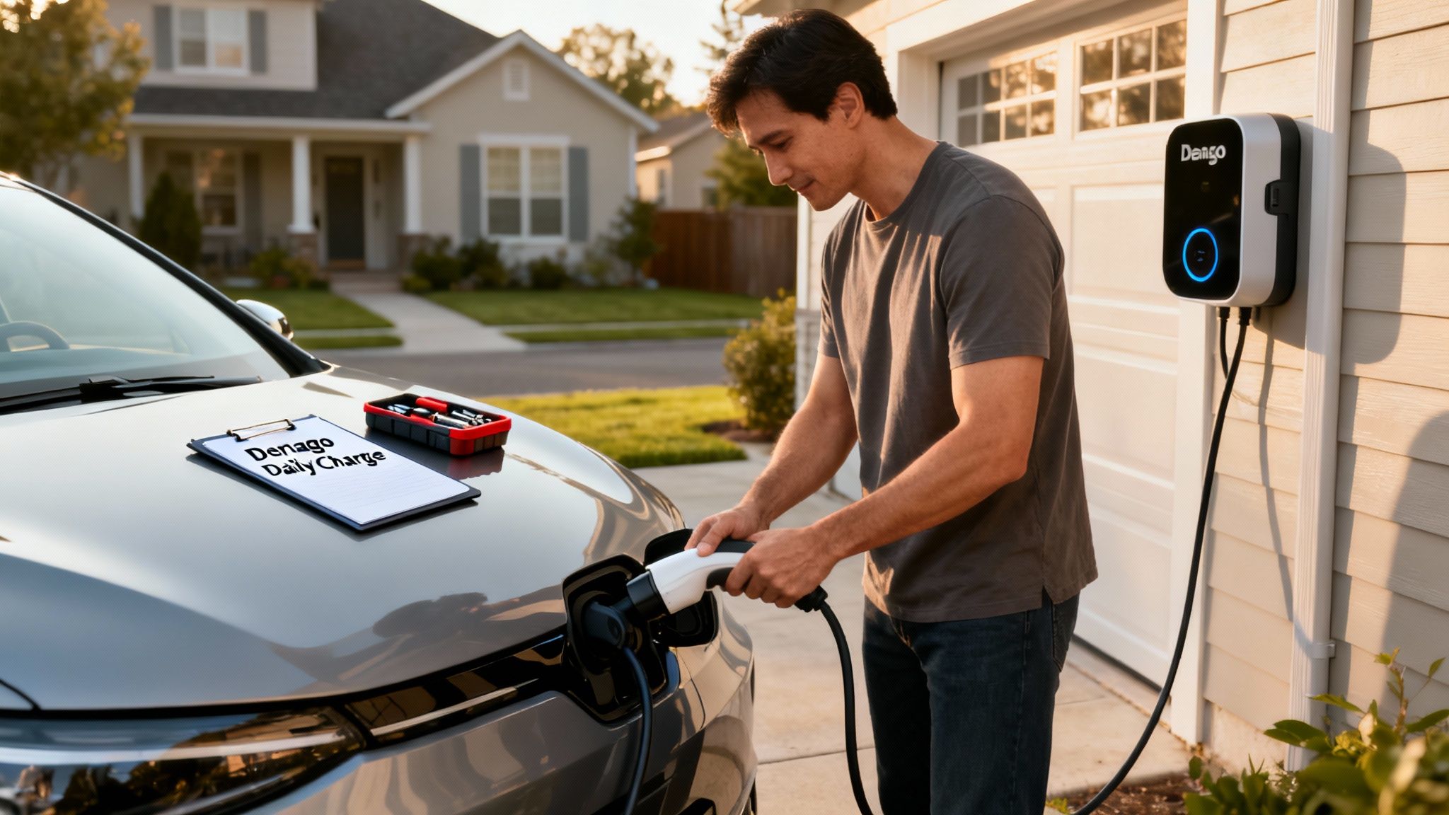 A man plugs a 'Denago' EV charger into a grey electric car in a residential driveway.