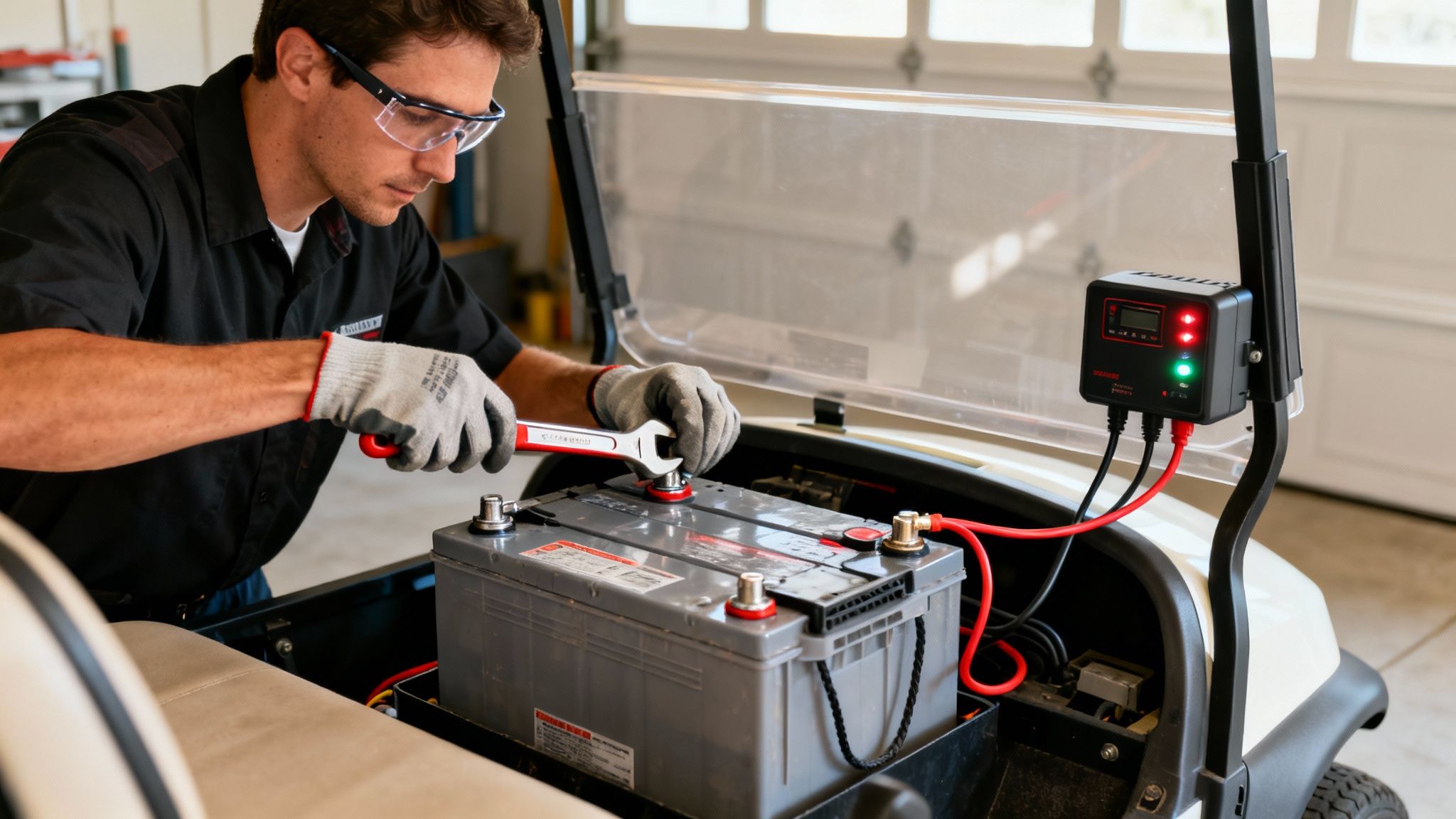 A man in safety glasses and gloves uses a wrench to work on a golf cart battery.