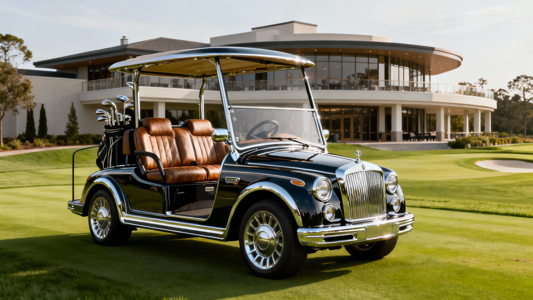 A sleek, black luxury custom golf cart parked in front of a modern home, highlighting its premium design.
