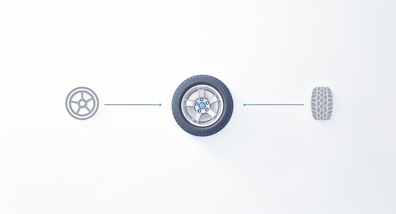 A visual representation showing a car wheel breaking down into its rim and tire tread components.