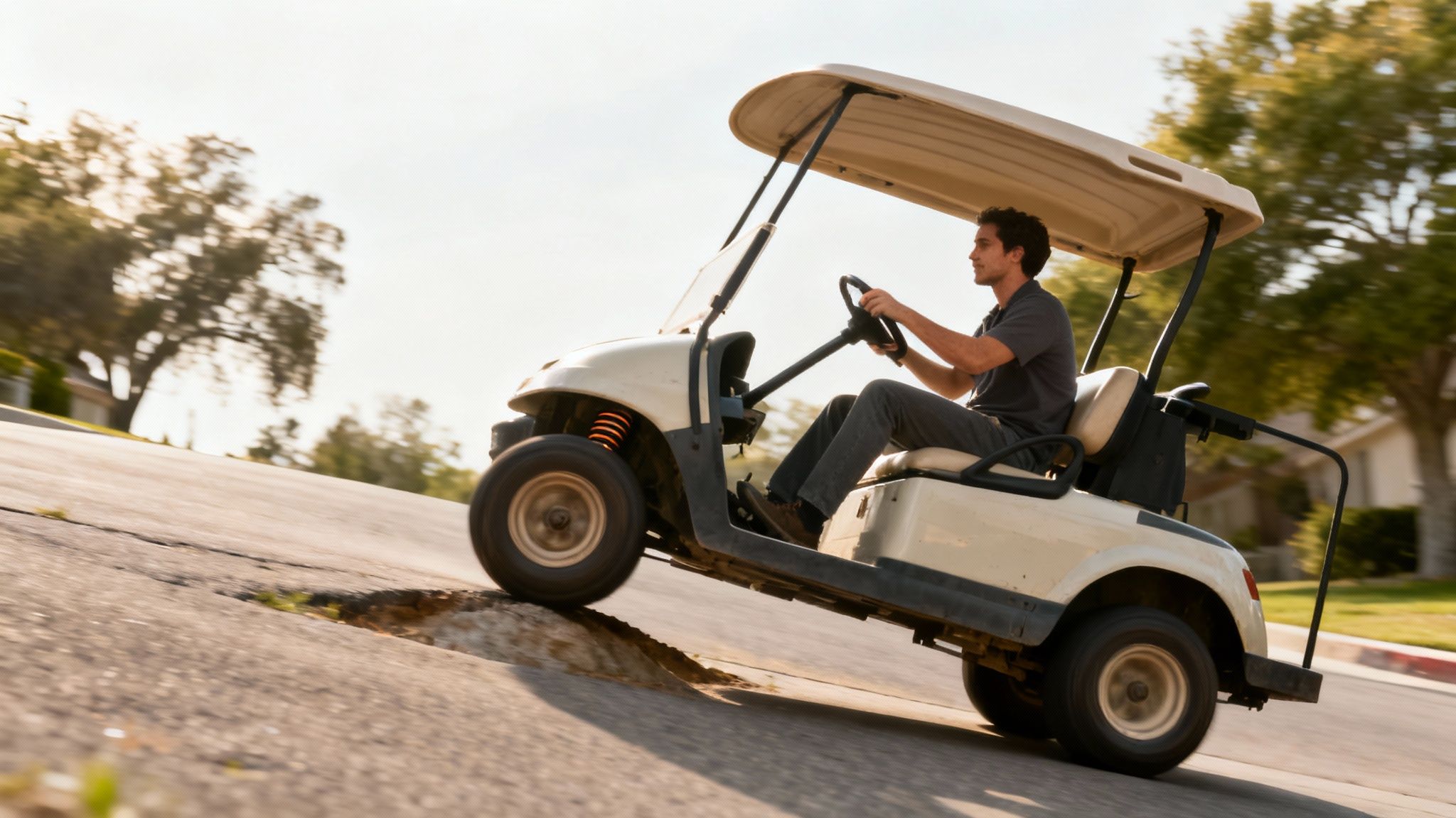 A man skillfully drives a beige golf cart over a bumpy road, front wheel lifted.