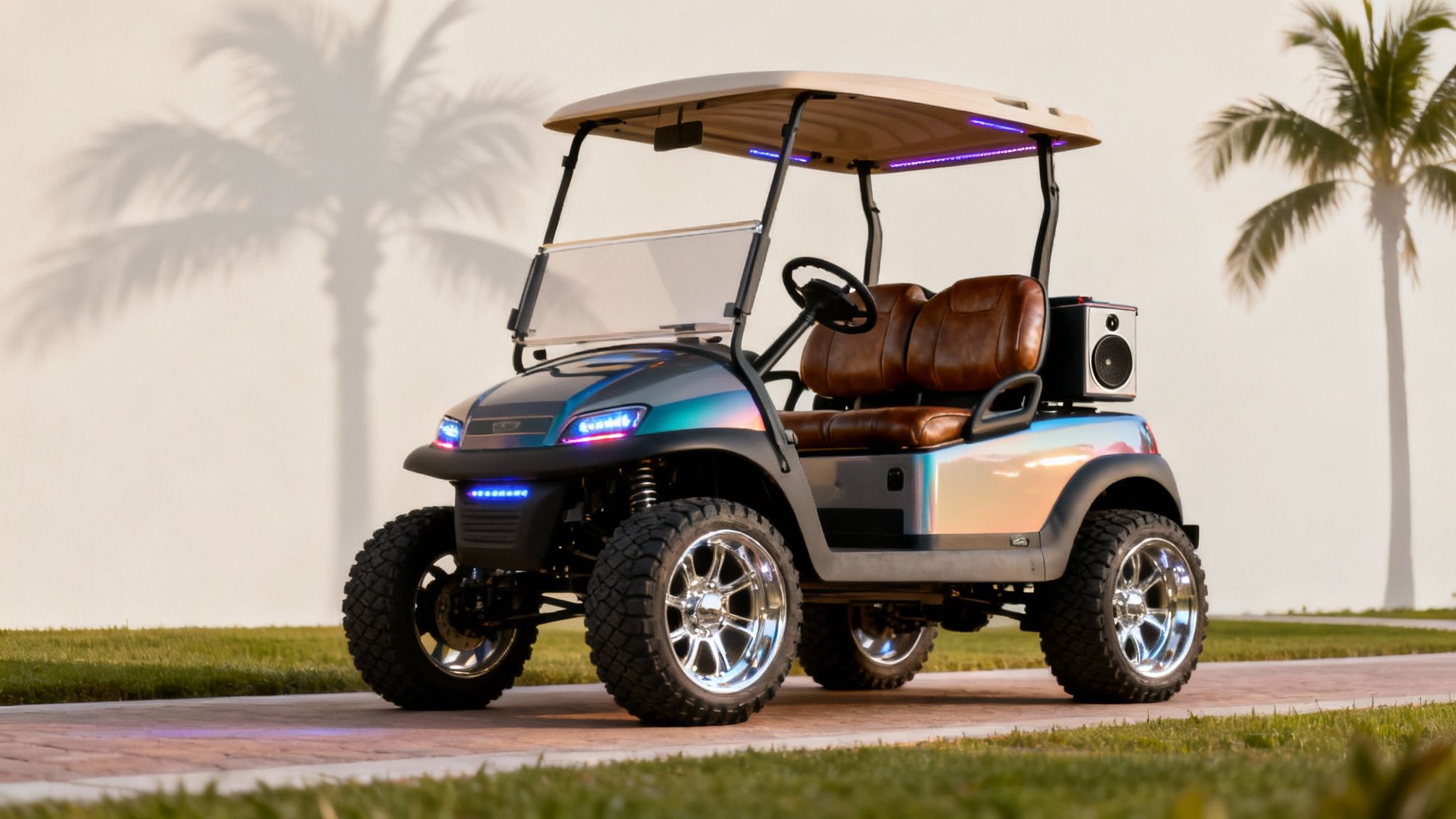 A customized modern golf cart parked on a residential street