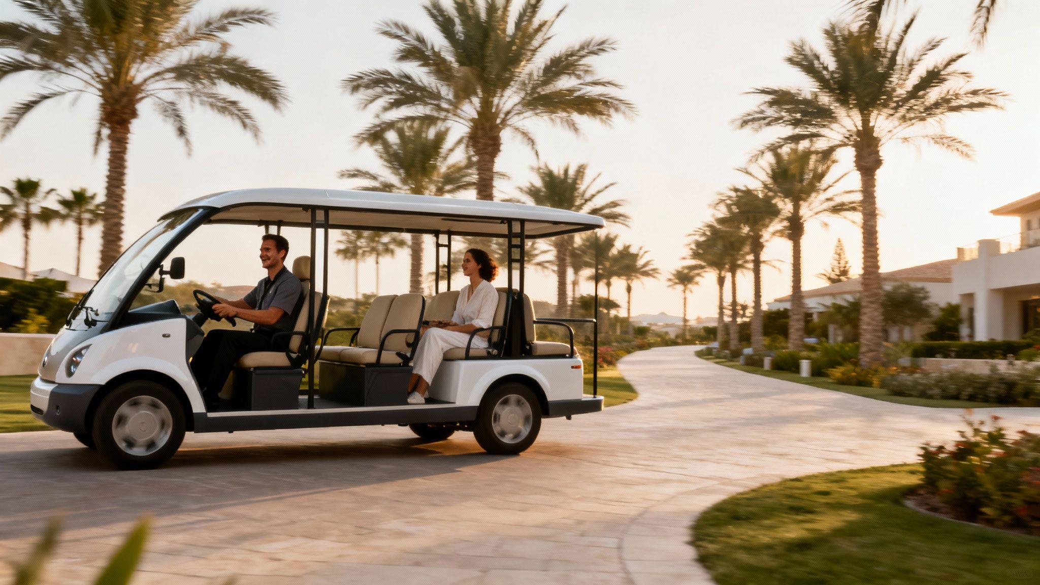 A man drives a white golf cart with a woman passenger through a resort at sunset.