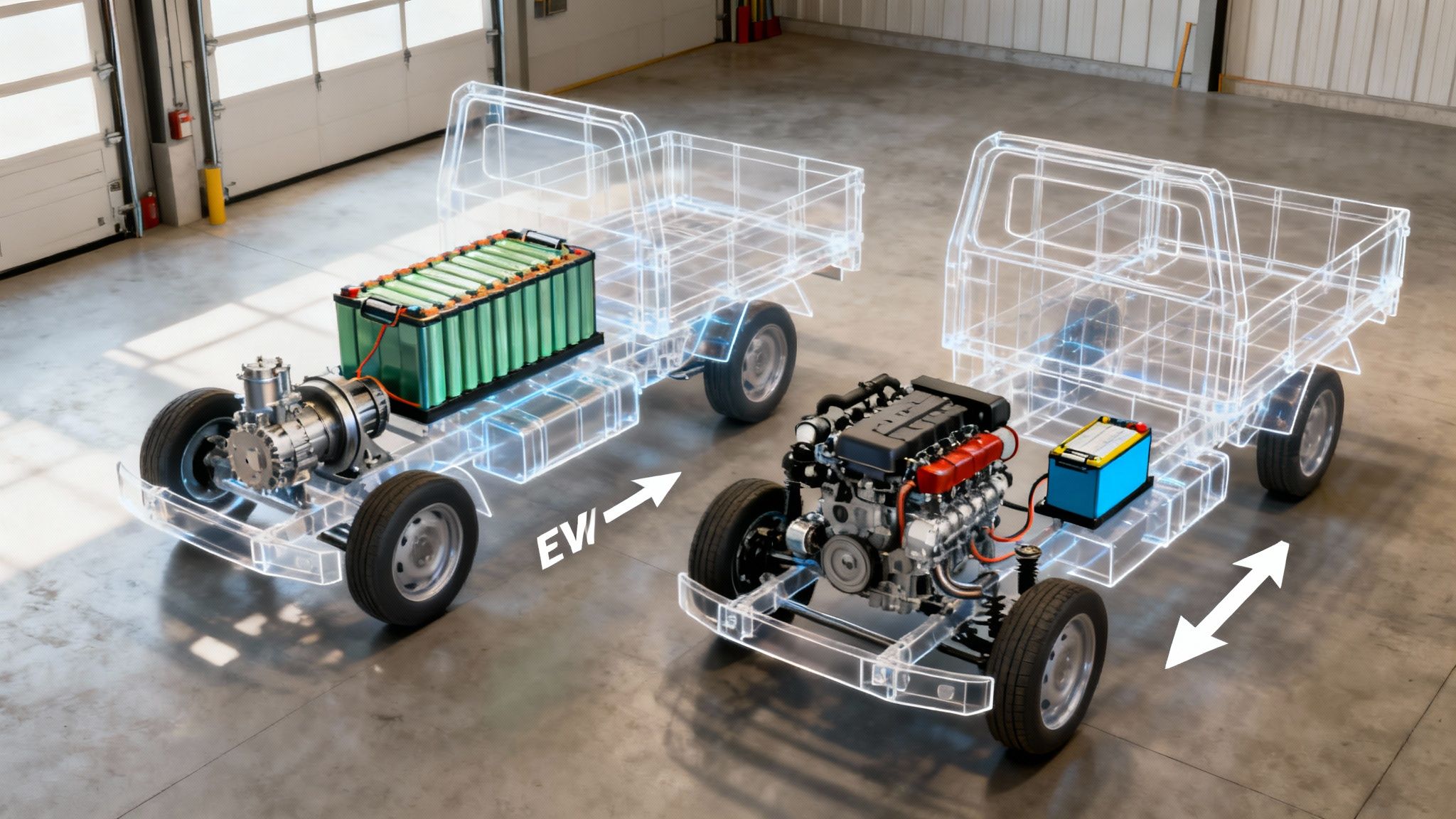 Side-by-side comparison of electric vehicle (EV) chassis with battery and a gasoline engine chassis.