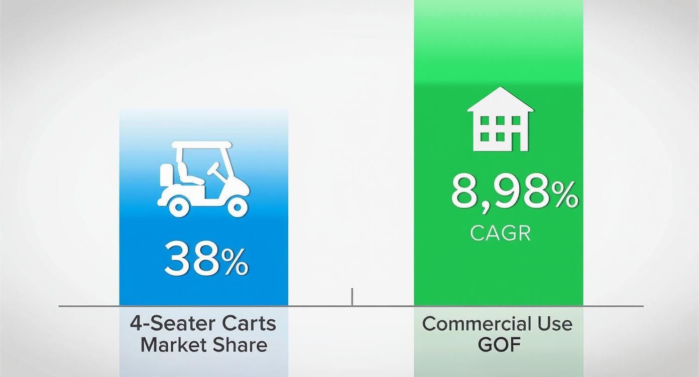 Bar chart comparing 4-seater carts market share at 38% with commercial use GOF CAGR at 8.98%.