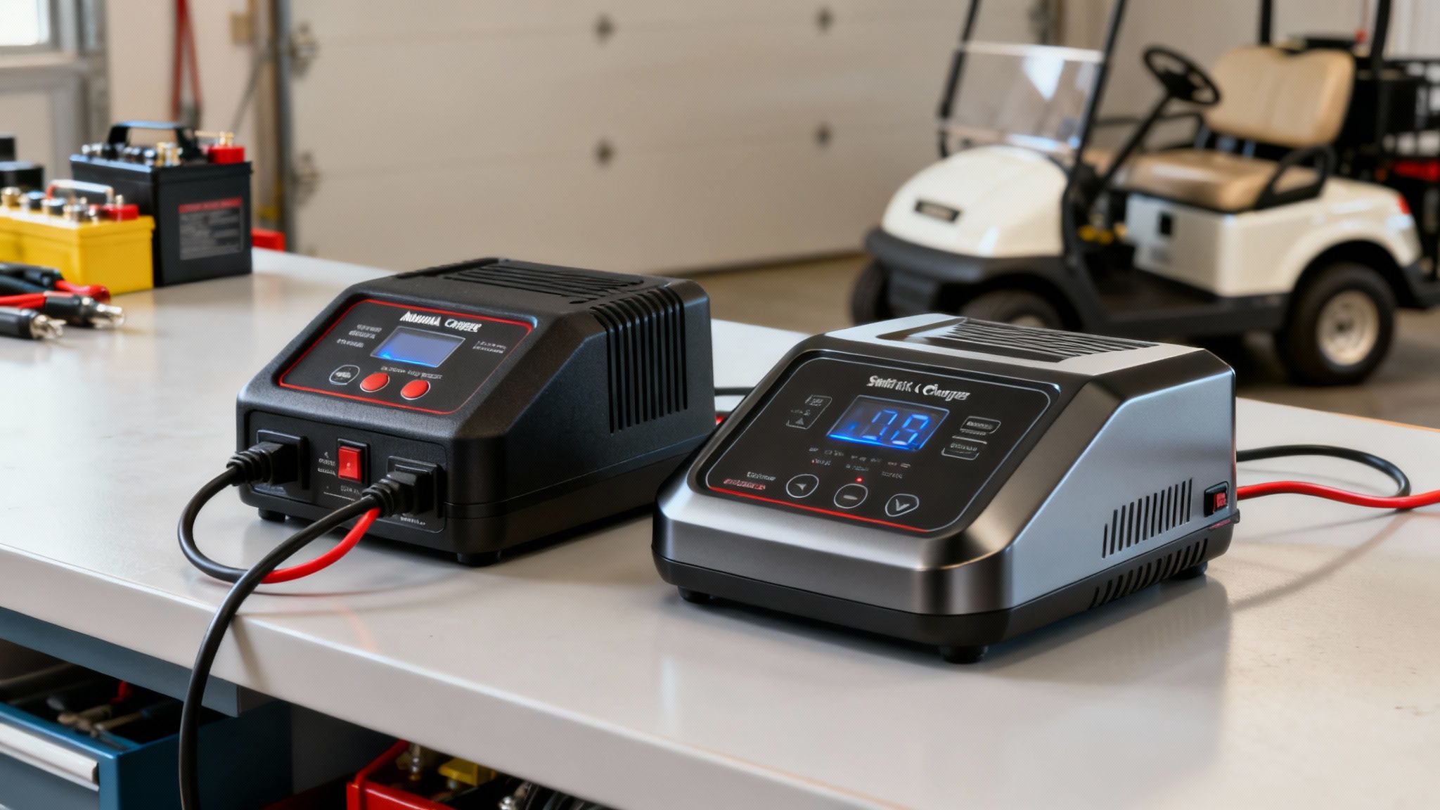 Man connecting a charger to a golf cart battery bank