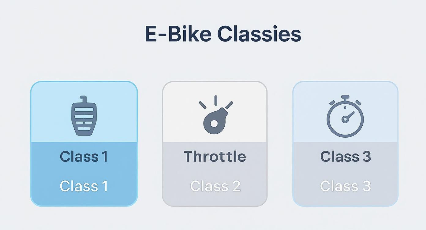 Three e-bike classification categories showing pedal assist, throttle control, and speed class icons