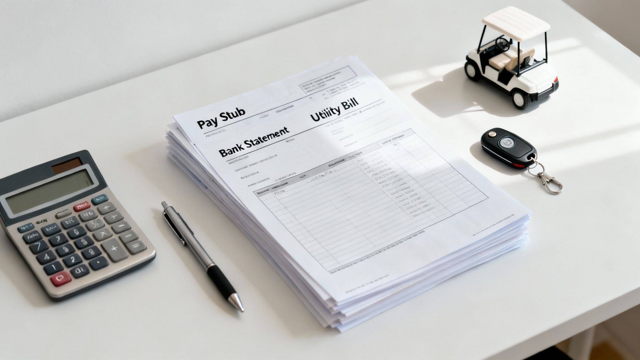 A desk with financial documents, a calculator, a pen, a toy golf cart, and a car key.