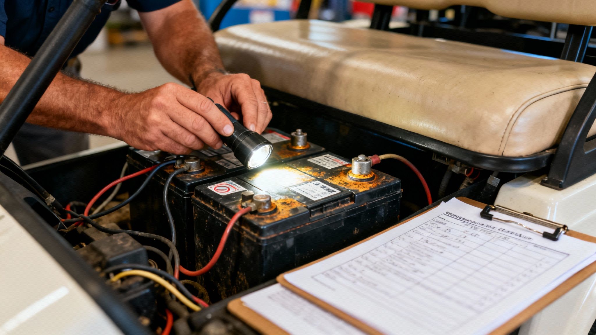 A person's hands using a flashlight to inspect rusty batteries in a golf cart.