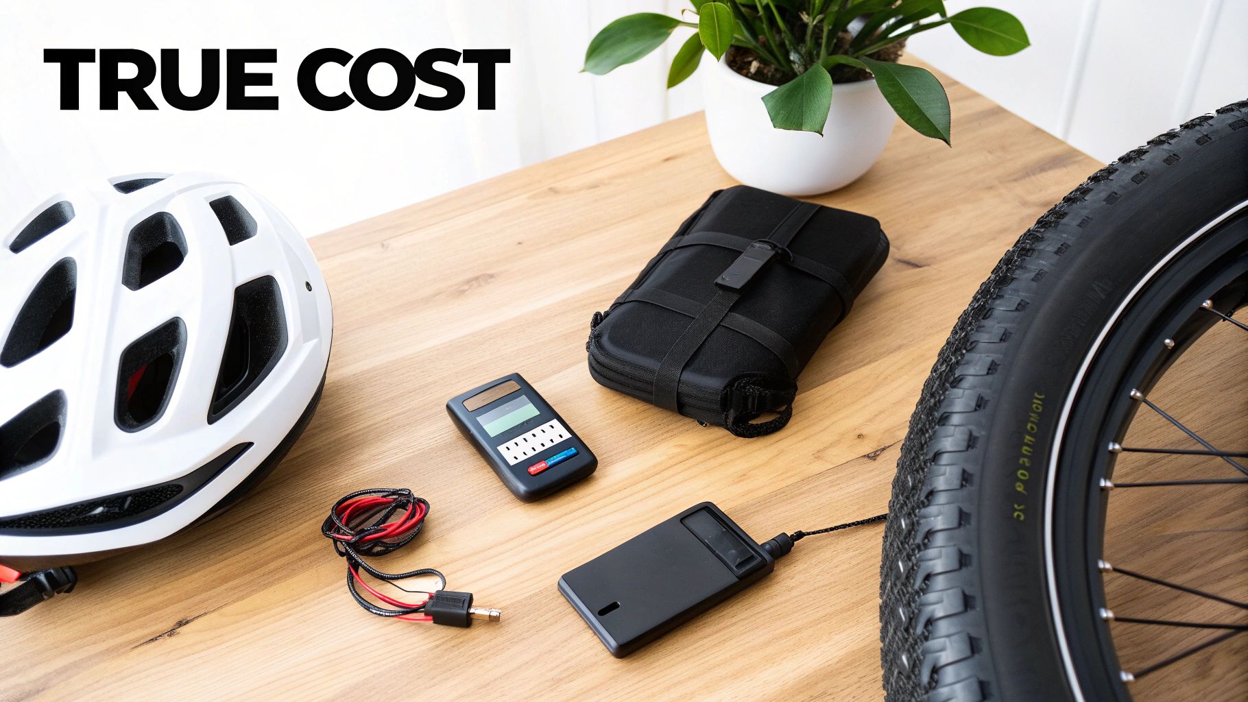 A white bicycle helmet, bike tire, and various electronic devices on a wooden table, with "TRUE COST" text.