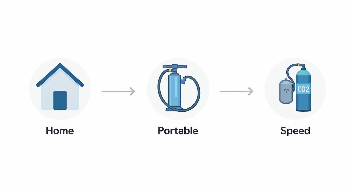 Icons illustrate a progression of inflation methods from home, to portable pump, to CO2 for speed.