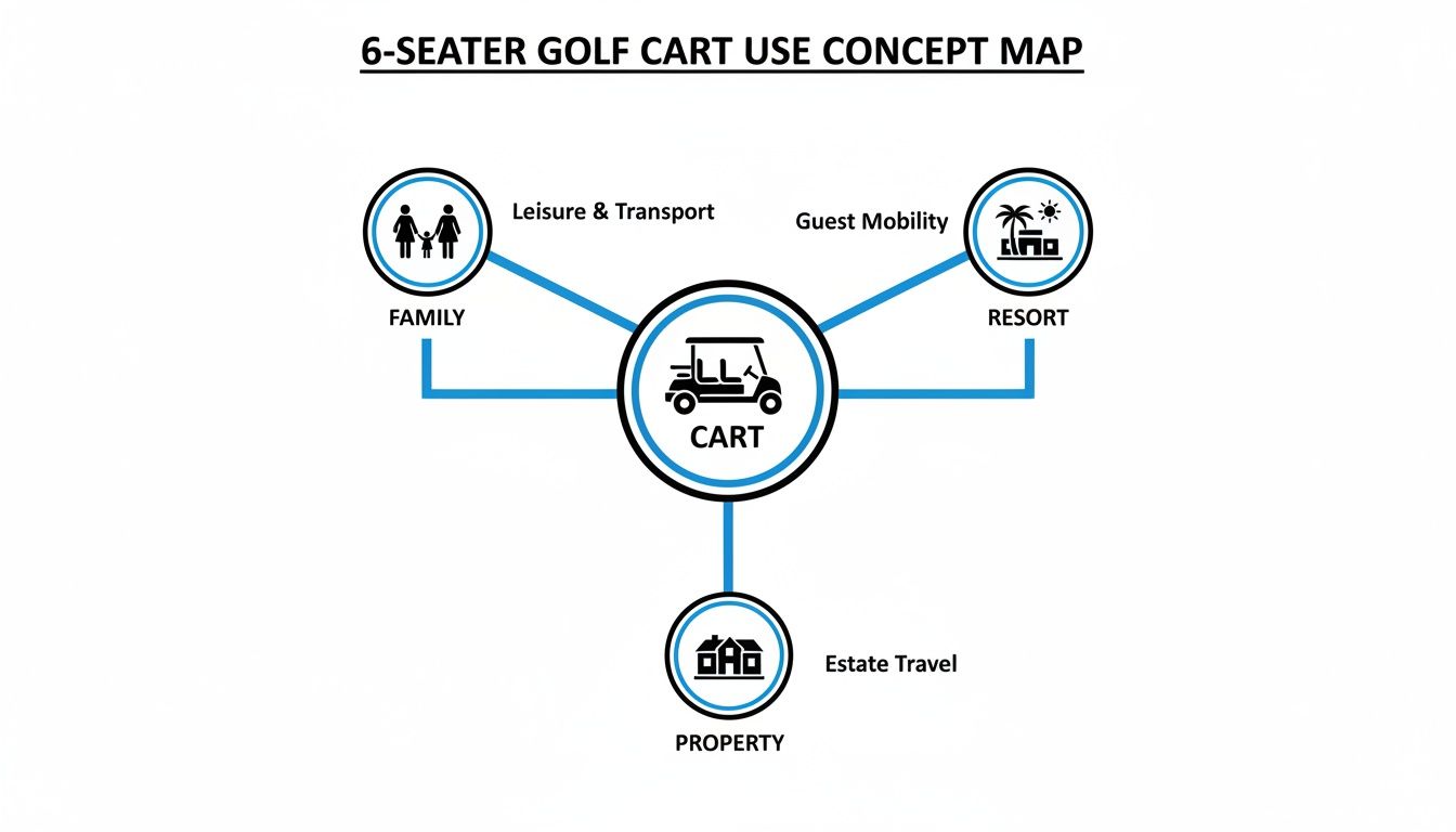 A concept map illustrates the versatile uses of a 6-seater golf cart for family leisure, resort mobility, and estate travel.