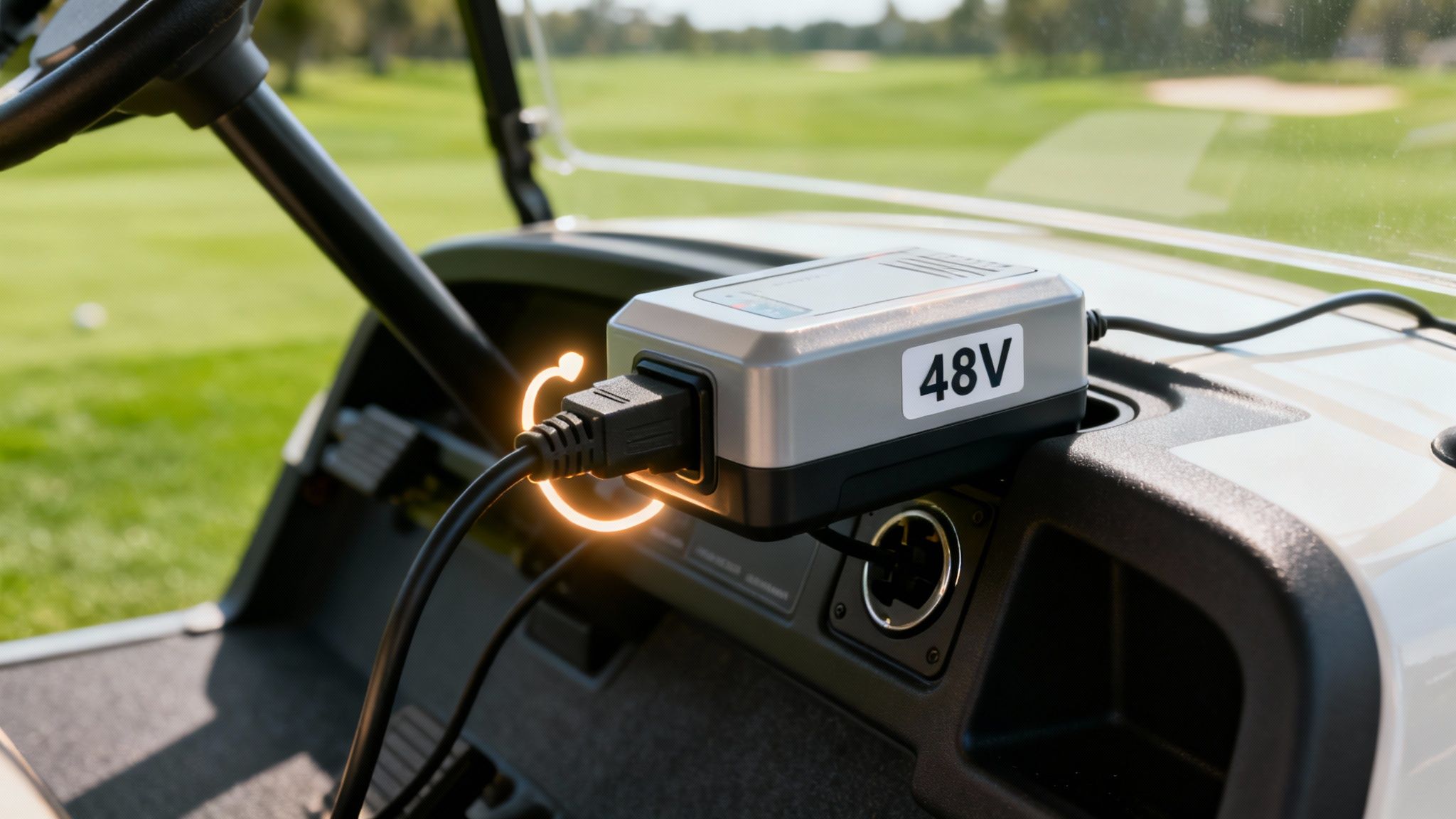 A 48V golf cart charger connected to a modern golf cart, highlighting the importance of proper charging.