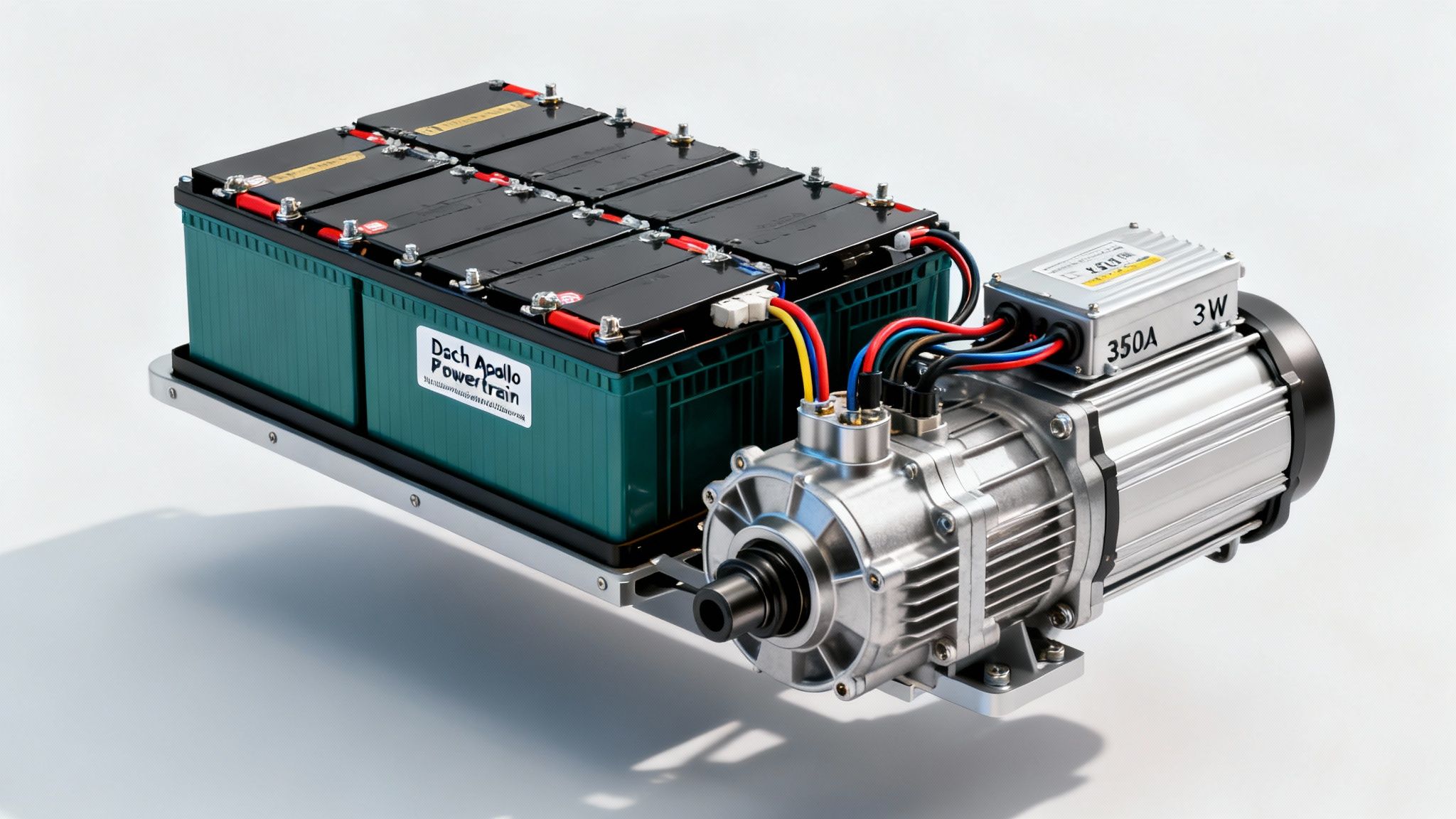A Dach Apollo electric powertrain system featuring green batteries connected to a silver motor.
