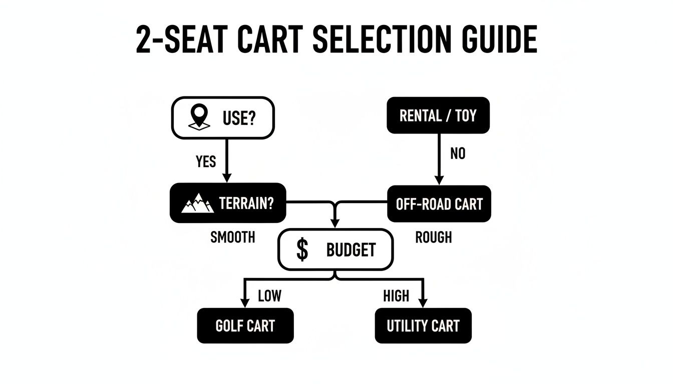 A decision tree for selecting a 2-seat cart, considering use, terrain, budget, and type.