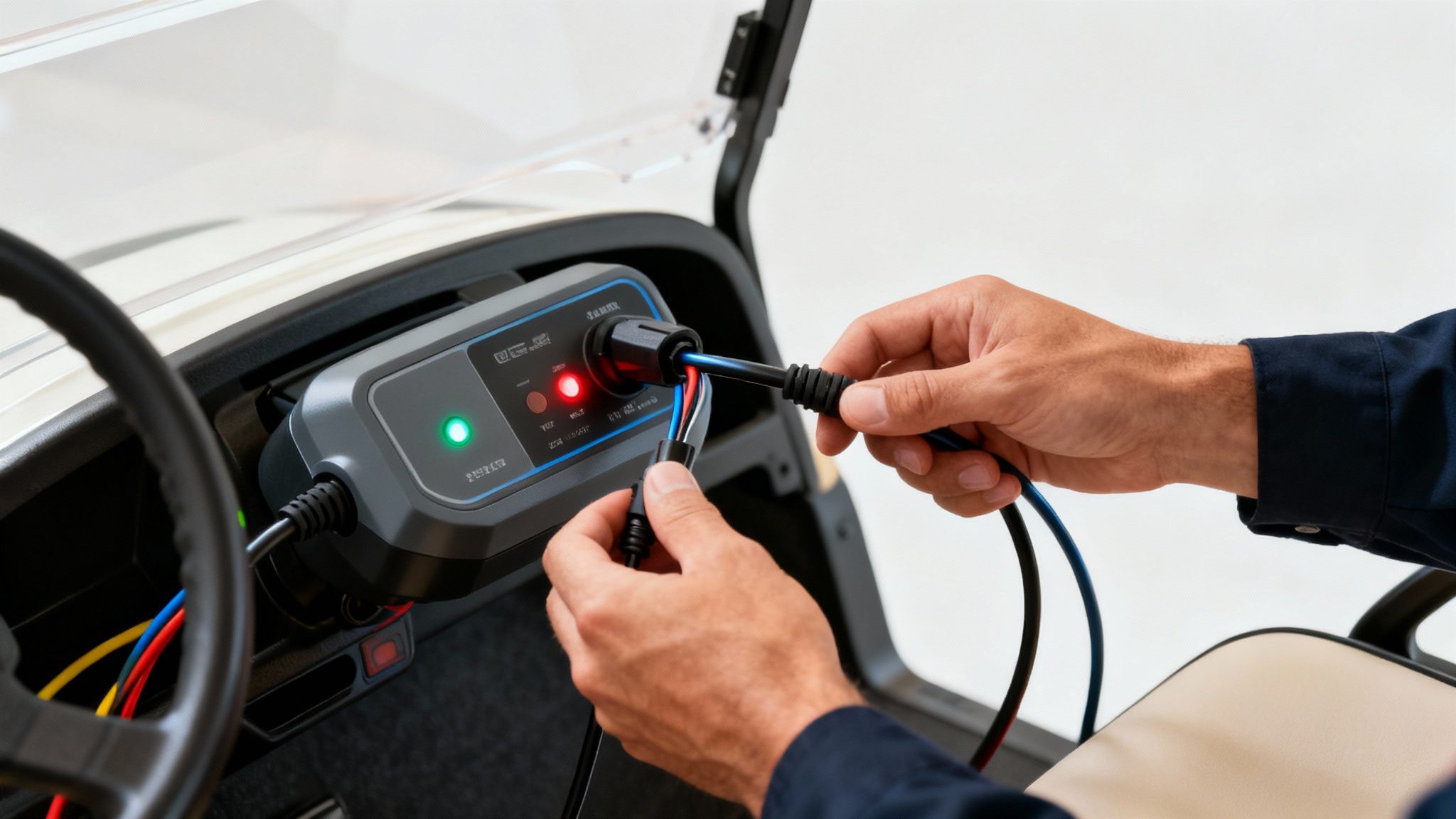 Close-up of a person checking the battery terminals on a golf cart