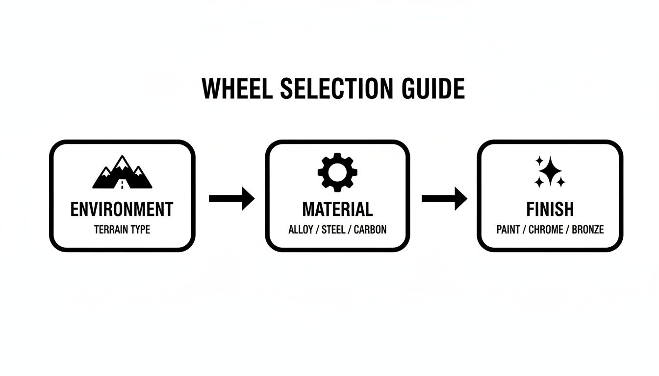 A wheel selection guide infographic illustrating the process of choosing wheels based on environment, material, and finish options.