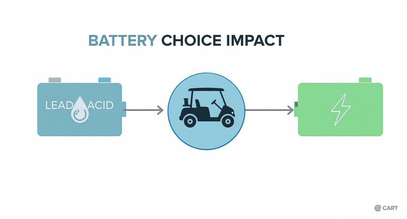 Infographic showing how lead-acid and lithium-ion battery choices impact the total cost of an electric golf cart.
