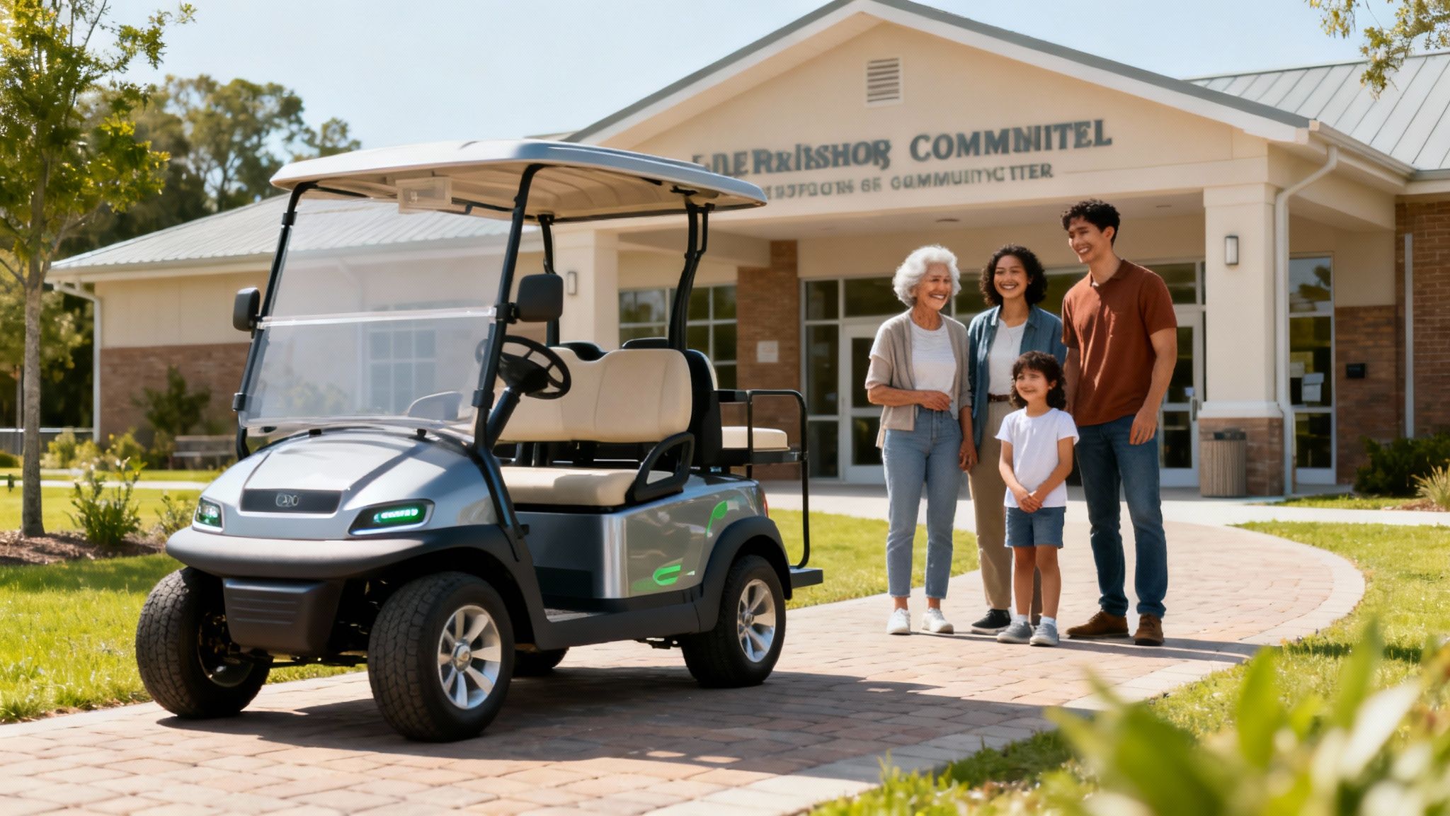 A happy diverse family stands next to a new electric golf cart in front of a community building.
