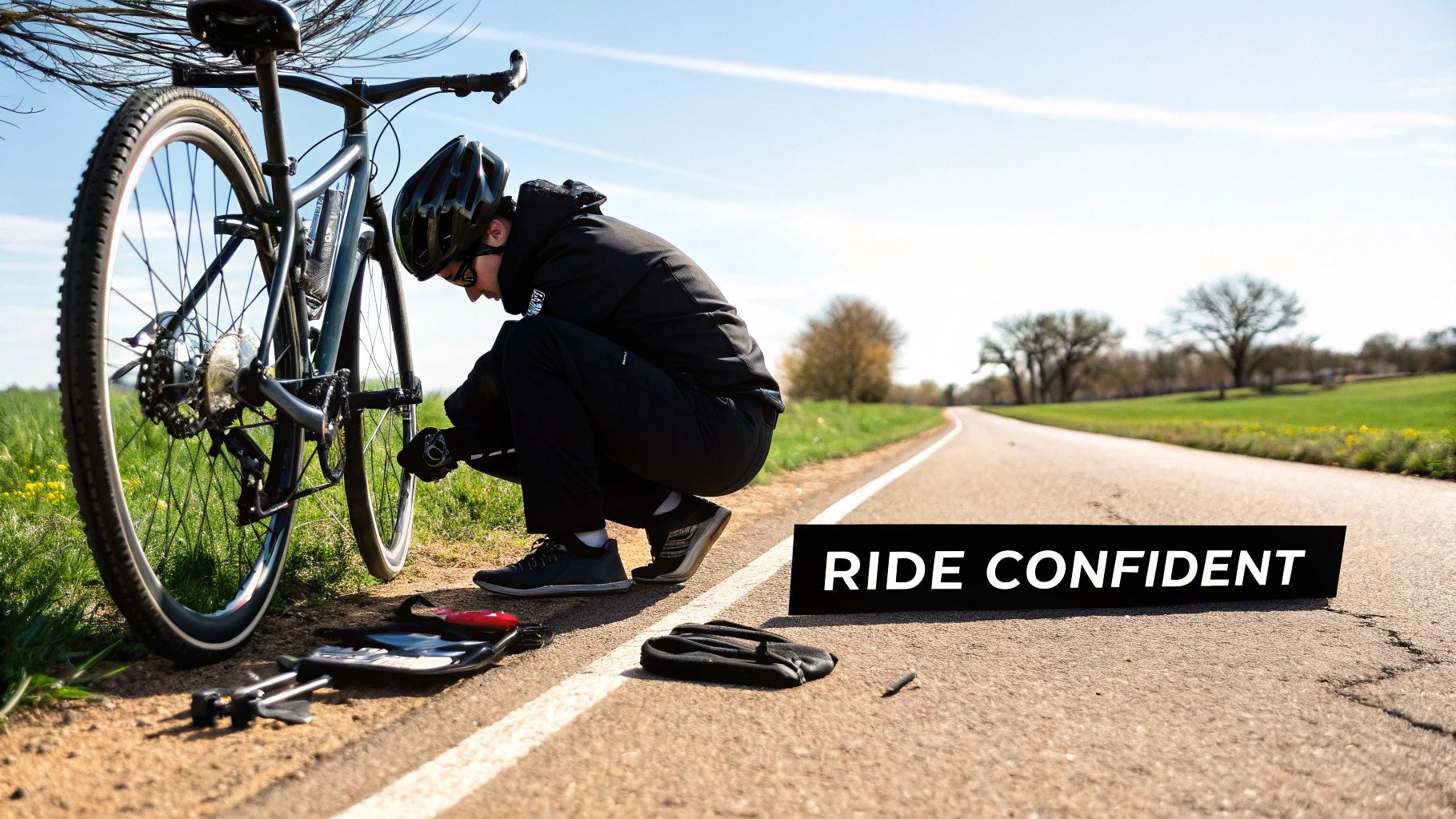 A cyclist in black gear fixes a bike tire on a sunny rural road, with a 'Ride Confident' sign.
