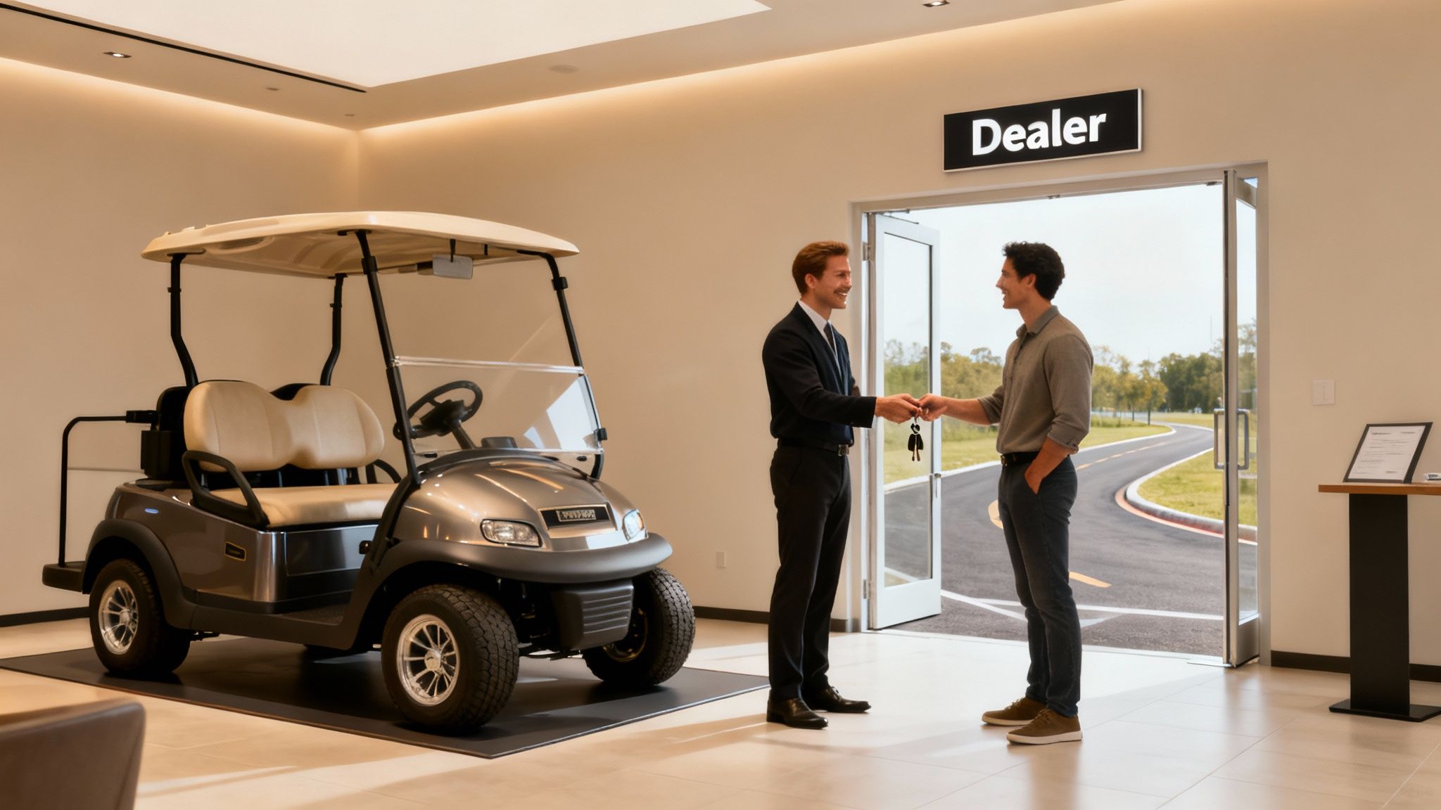 A salesperson hands keys to a customer for a new golf cart at a dealership.