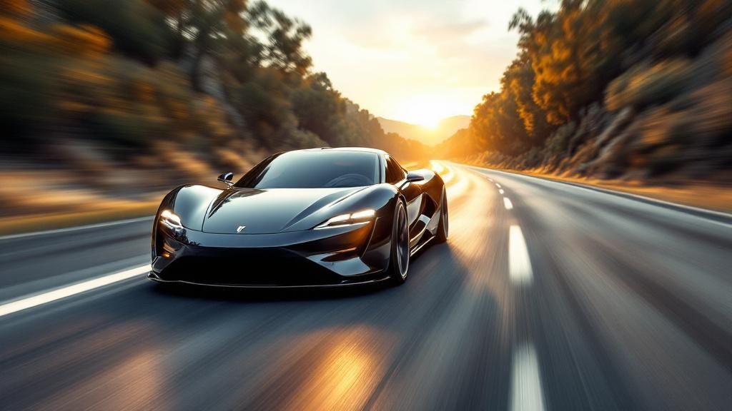 A sleek, modern electric car speeding on a race track, highlighting its performance and instant torque capabilities.