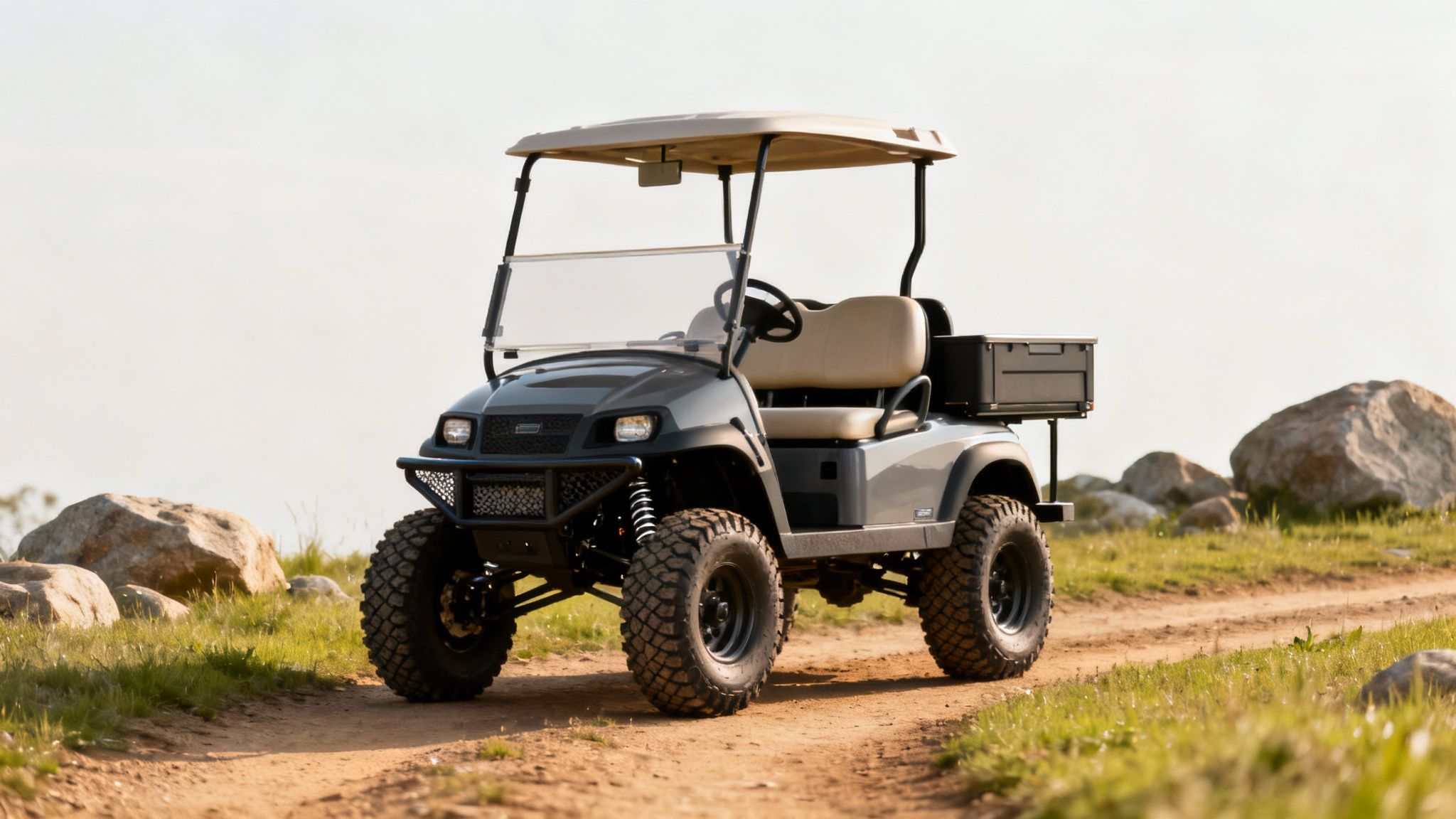 A rugged Solana EV golf cart with a lift kit and all-terrain tires navigating a dirt path.