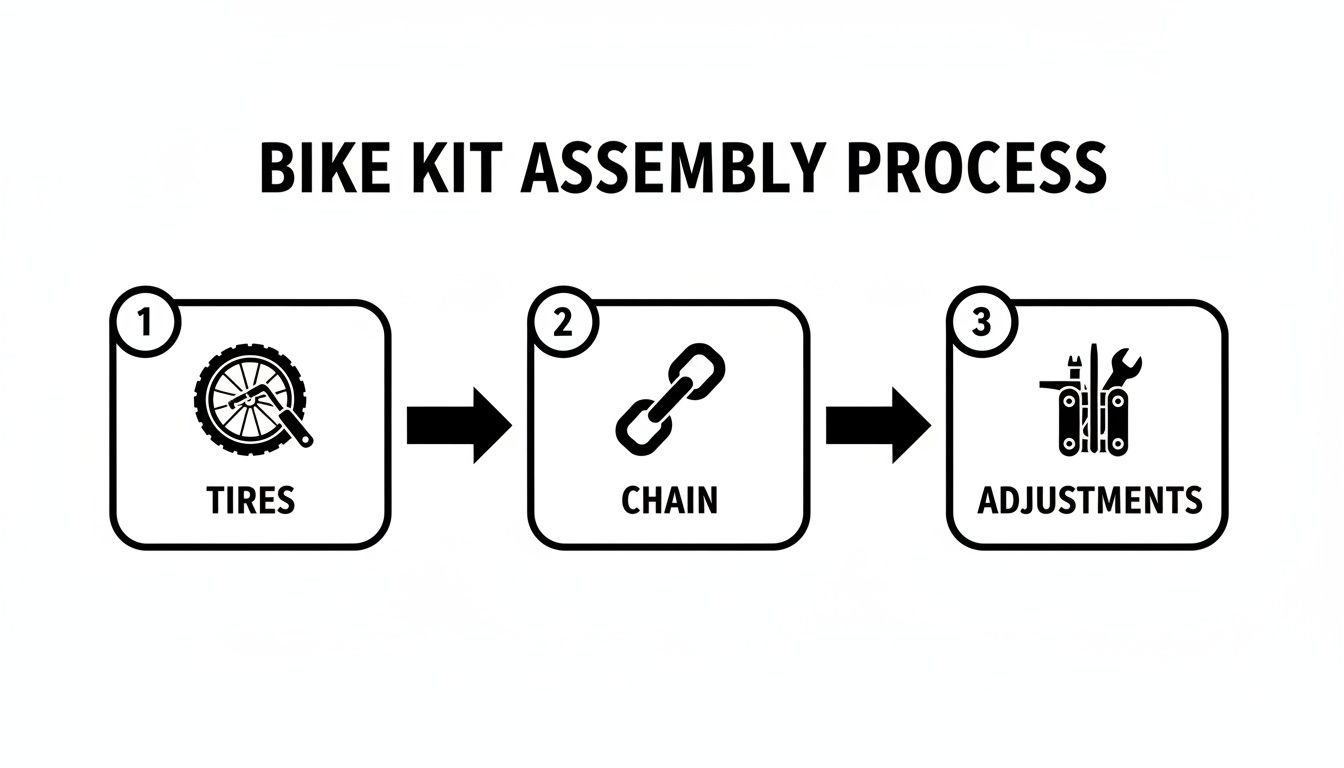 Step-by-step guide for bike kit assembly, covering tires, chain installation, and final adjustments.