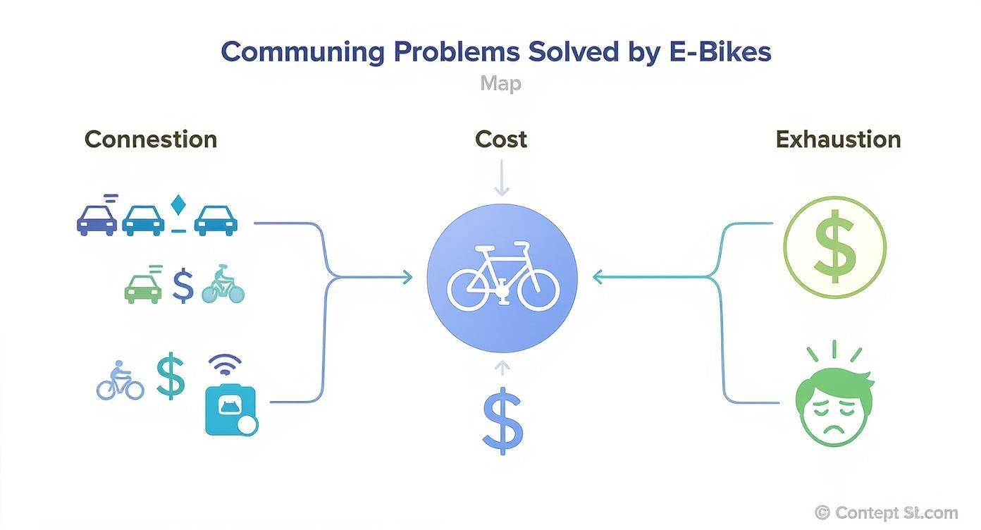 Diagram showing how e-bikes solve commuting problems including traffic congestion, high costs, and physical exhaustion