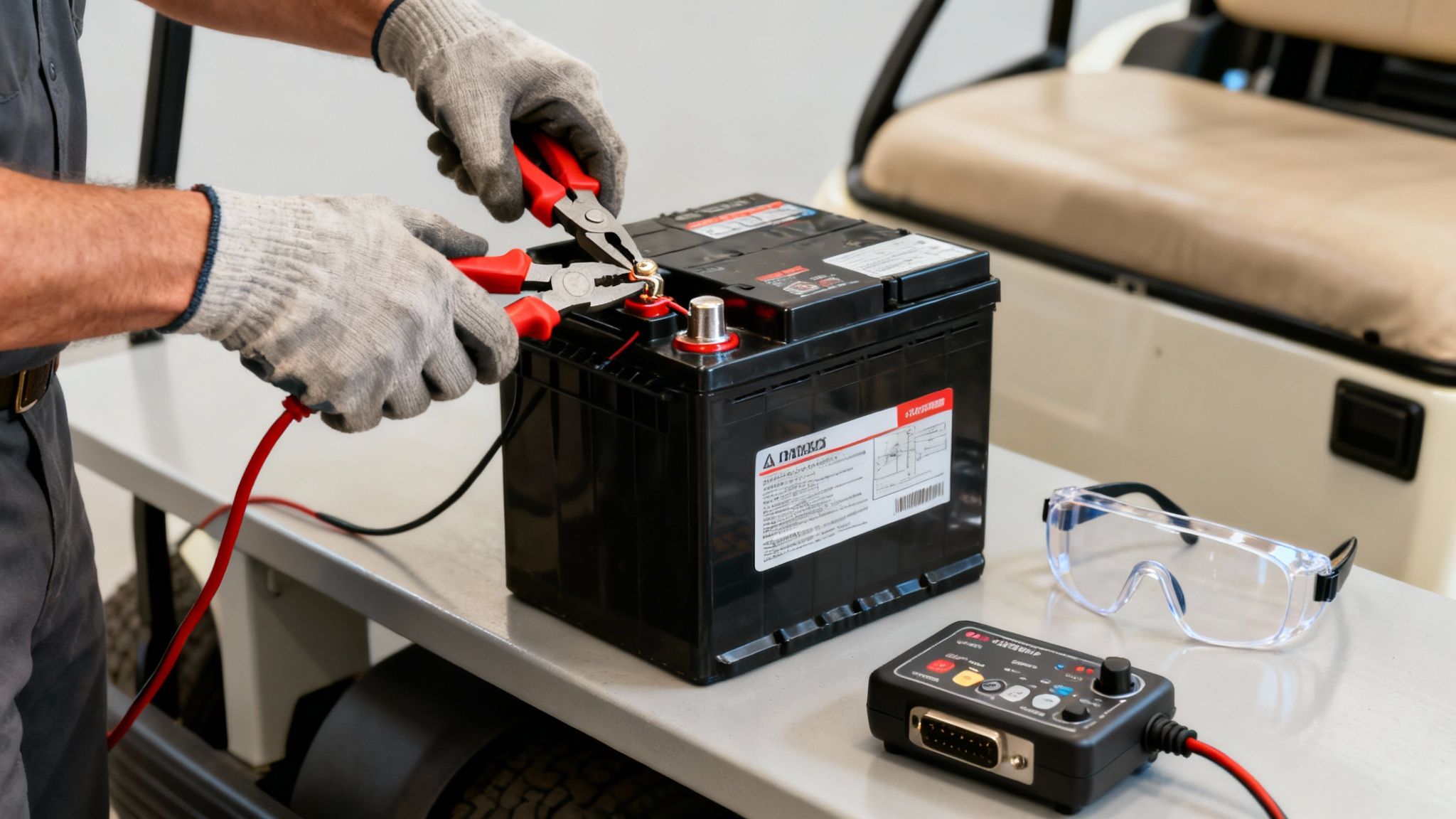 A person in gloves uses pliers to connect wires to a golf cart battery, with a controller and safety glasses nearby.