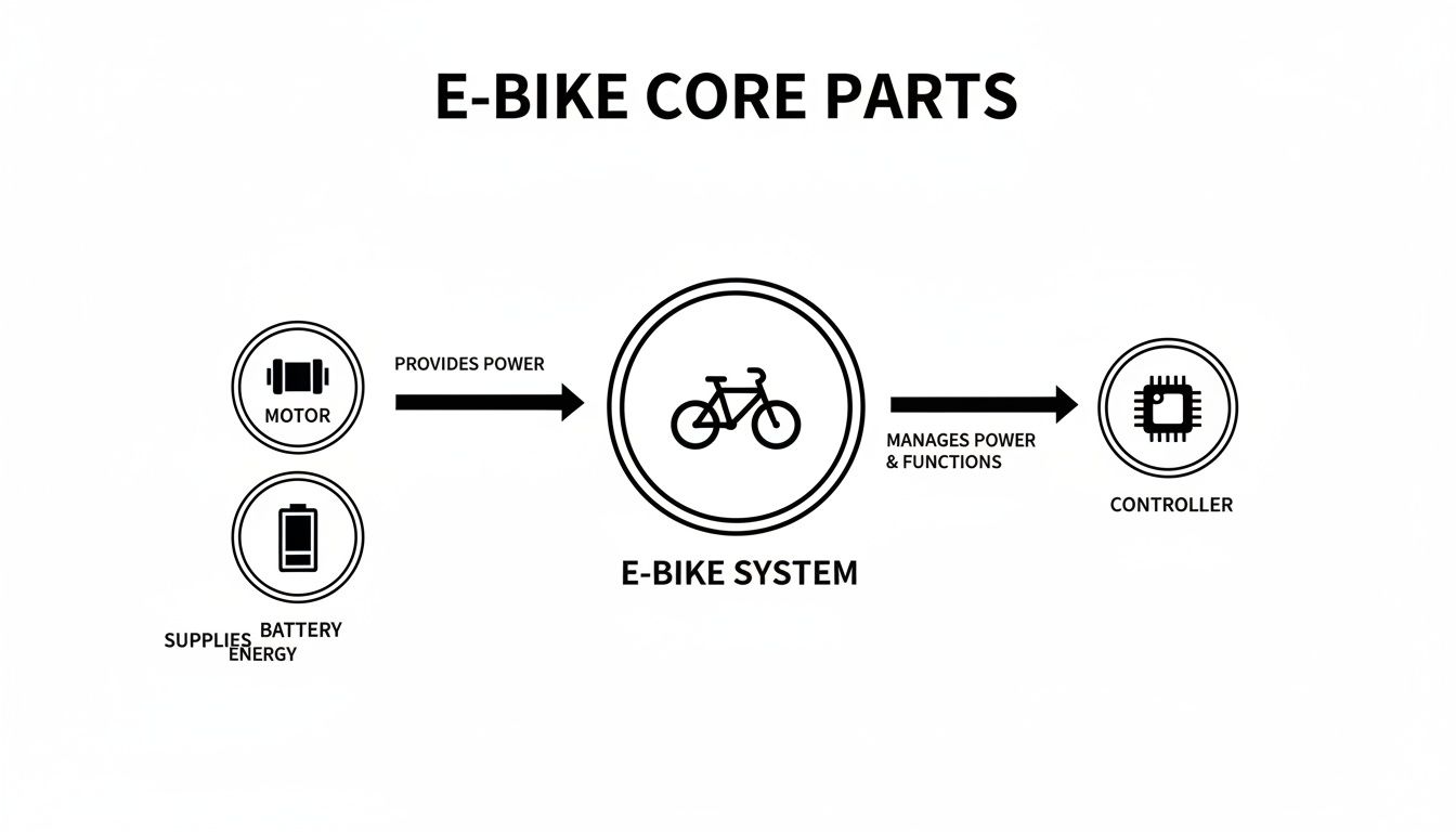 Diagram illustrating e-bike core parts: motor, battery, e-bike system, and controller with power flow.