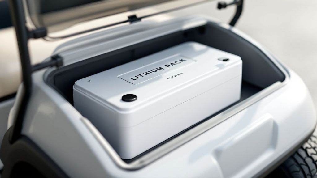 Close up of a powerful lithium golf cart battery being installed in a golf cart.