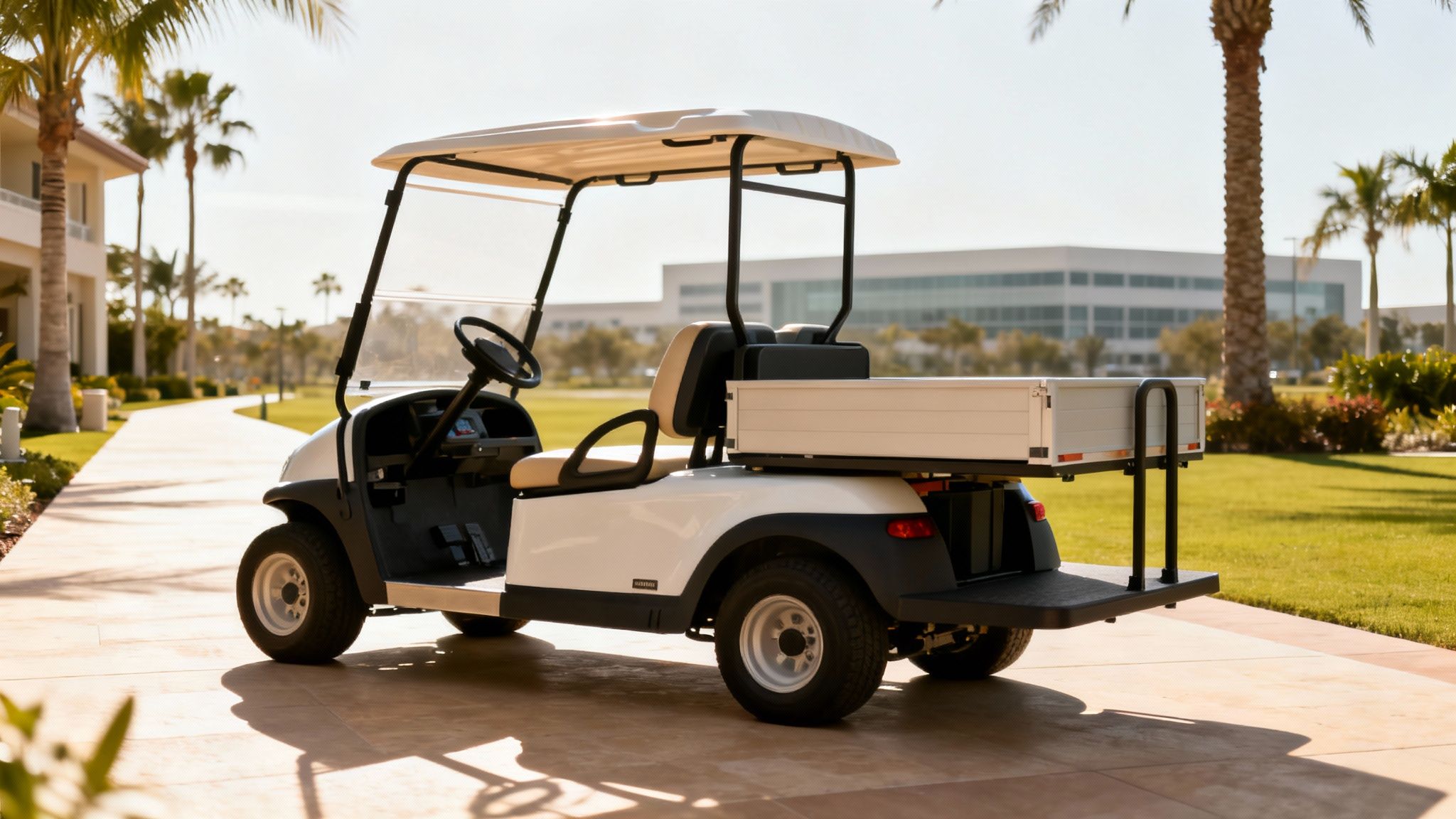 White utility golf cart with a cargo bed parked on a paved path near palm trees and a building.