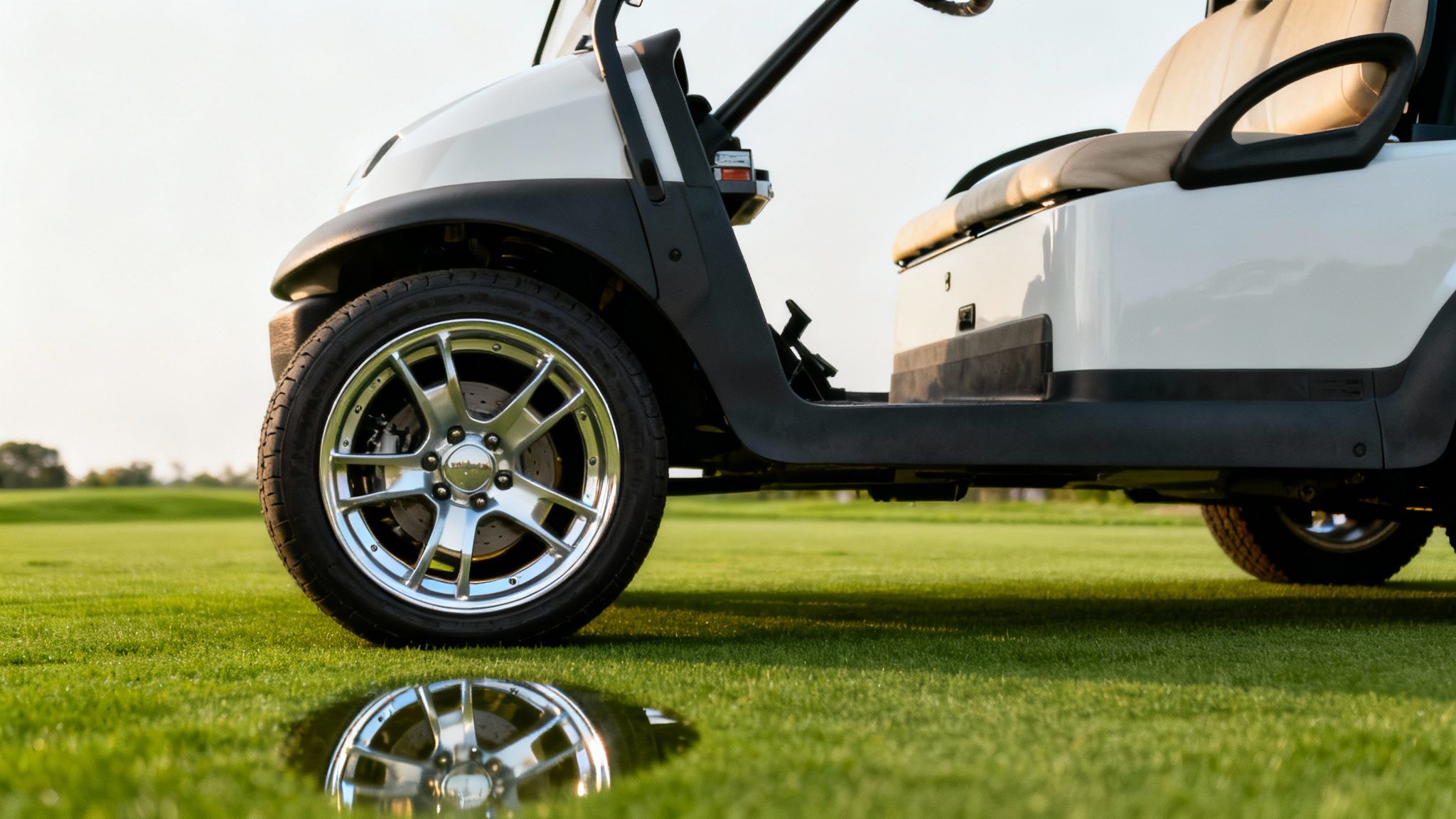 A white golf cart with shiny chrome wheels parked on a green golf course, reflecting in a small puddle.