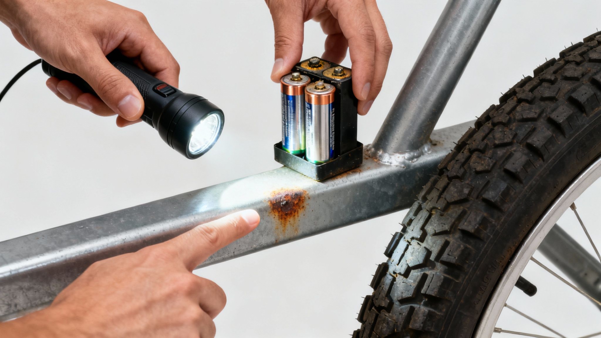 A person inspecting the tires and frame of a used golf cart