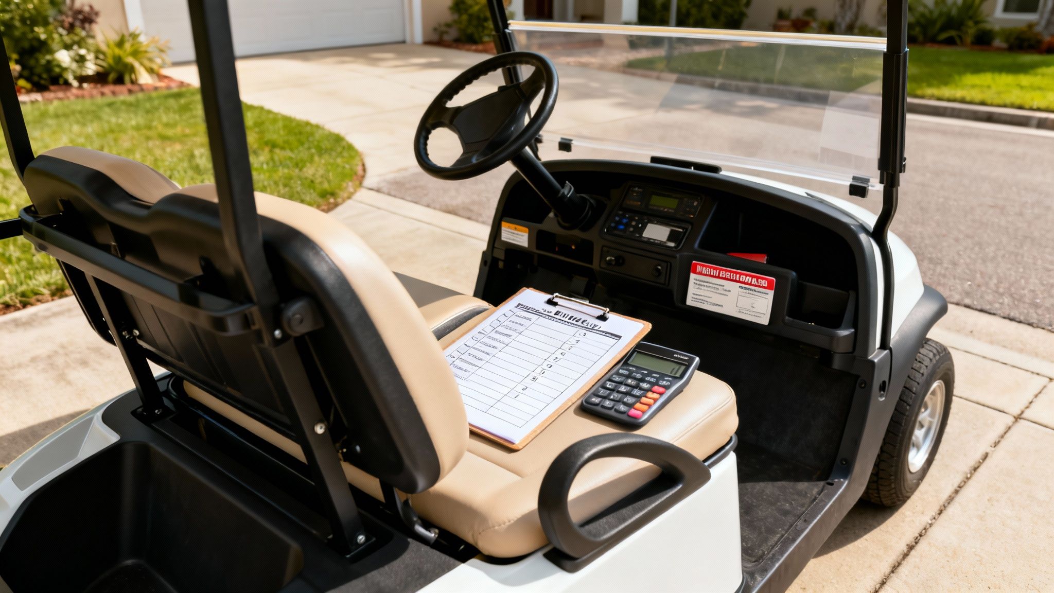A white and tan street legal golf cart with a checklist and calculator on the seat.