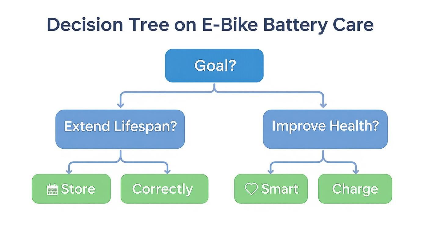Decision tree flowchart showing e-bike battery care strategies for extending lifespan and improving health