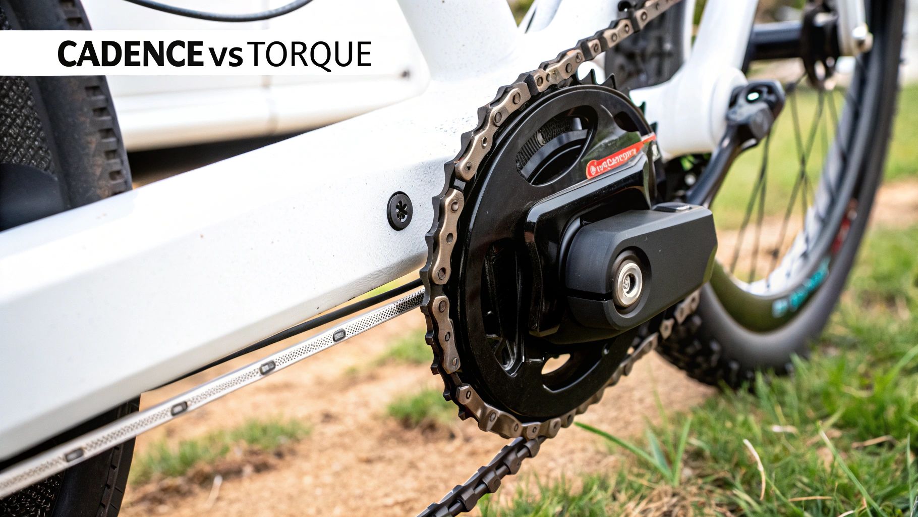 A close-up of an ebike's pedal and motor system, showing the technology that powers pedal assist.