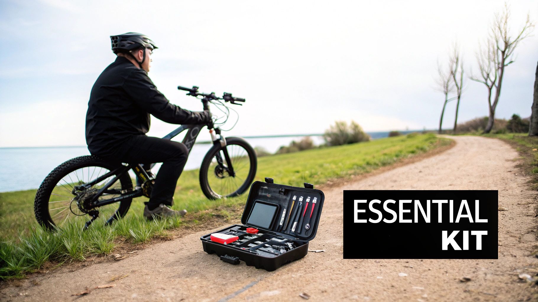 A cyclist on a dirt path with a bicycle, looking towards the water, beside an open essential maintenance kit.