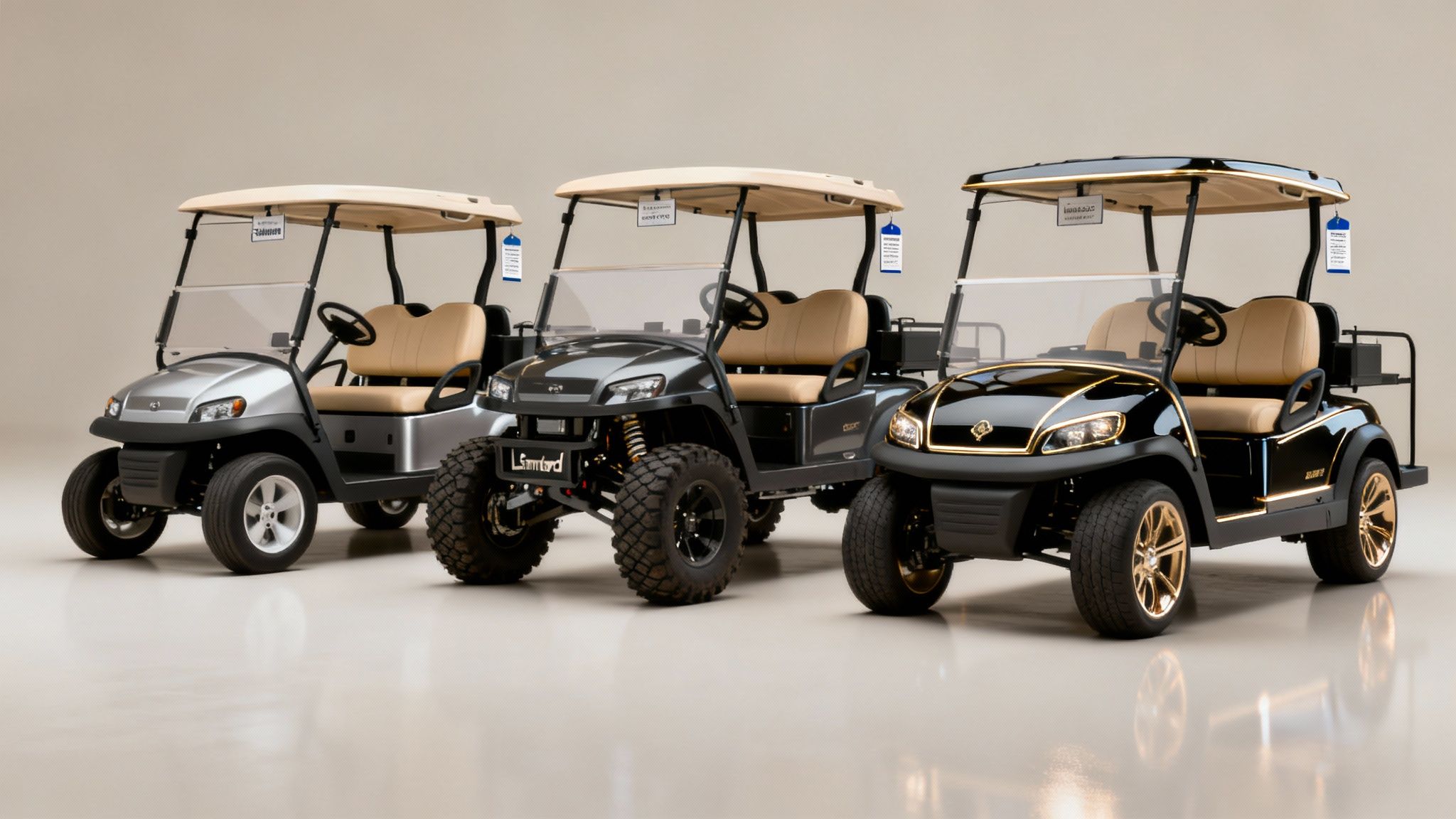 A modern white electric golf cart parked on a paved driveway in front of a house.