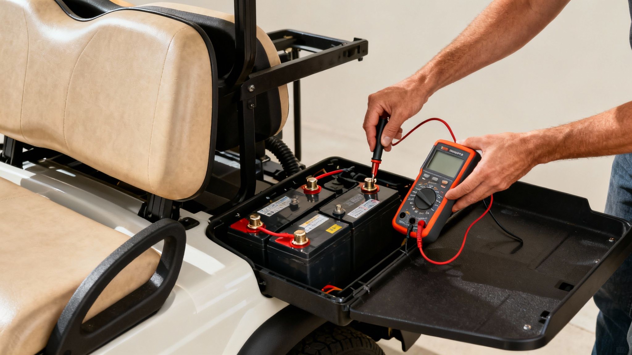 Man checking the battery of an electric golf cart