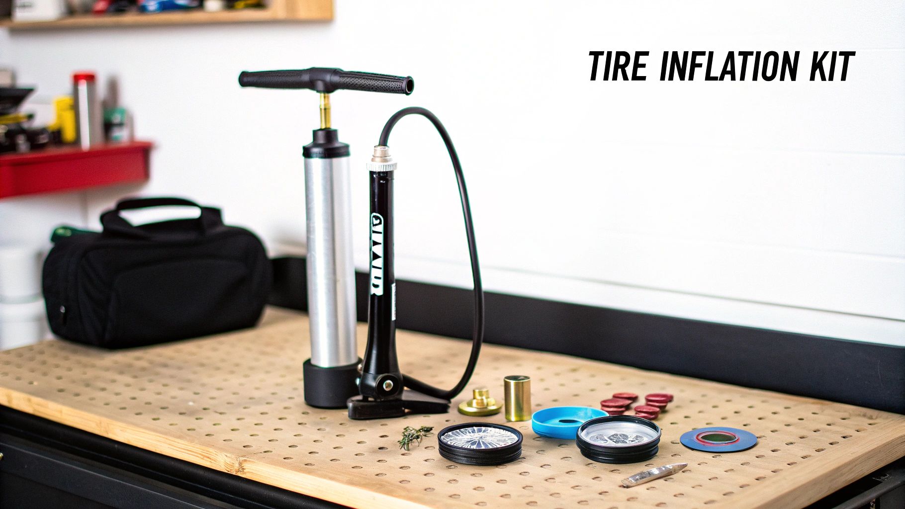 A complete bike tire inflation kit featuring two pumps, patch kits, and repair tools on a pegboard workbench.