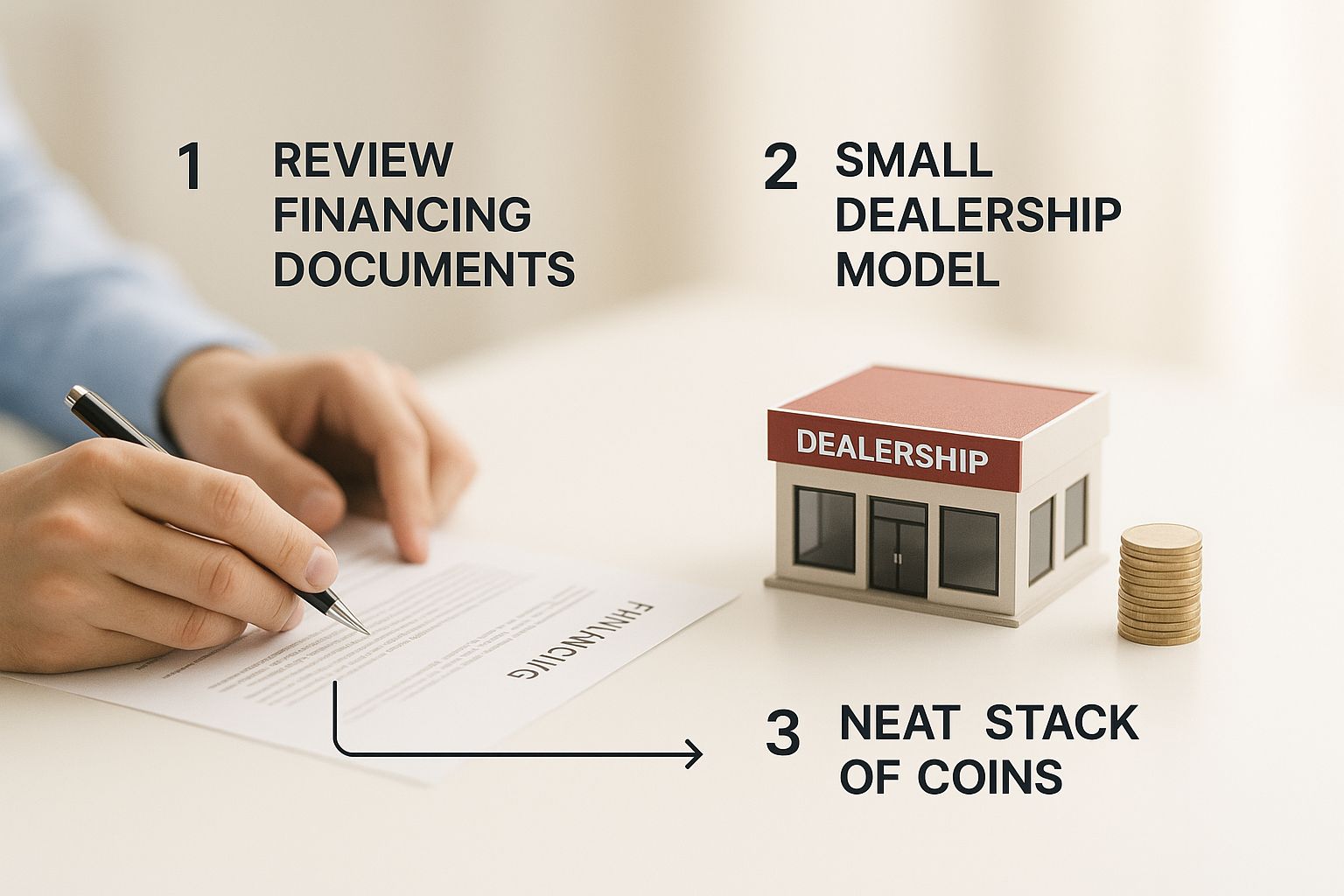 Infographic showing hands reviewing documents next to a small dealership model and coins, illustrating the financial and legal process of starting a dealership.