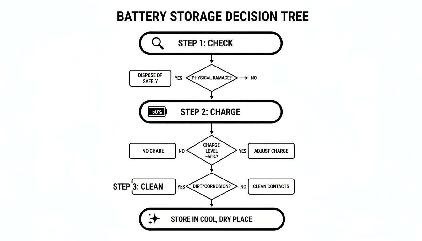 Flowchart detailing steps to safely store batteries: check, charge to 50%, clean contacts, and store properly.