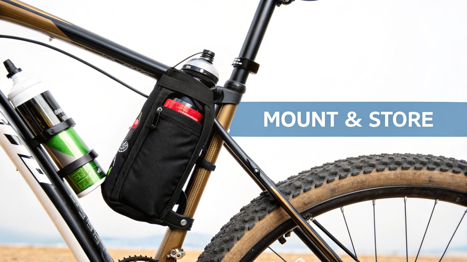 Close-up of a bike frame showing mounted water bottles and a storage bag, highlighting bike accessories.