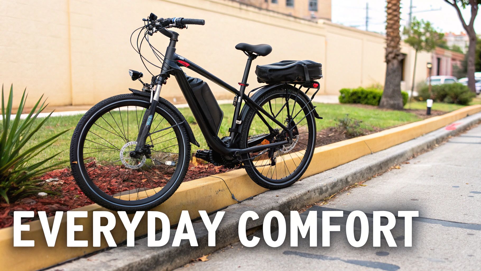 A black electric bike with a large battery pack, rear rack, and fenders is parked on a curb.