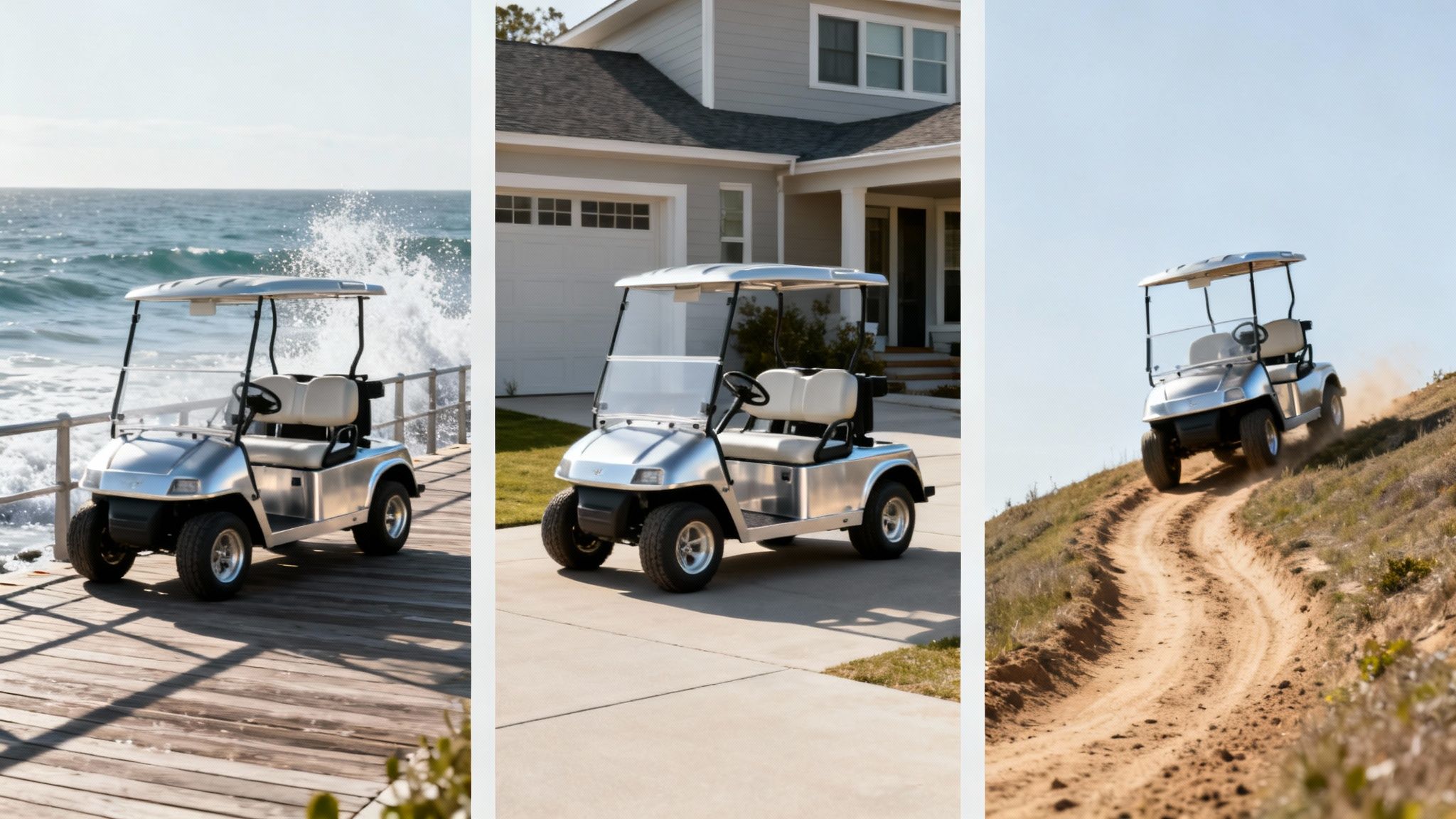Silver golf cart shown on a beach boardwalk, a home driveway, and an off-road trail.