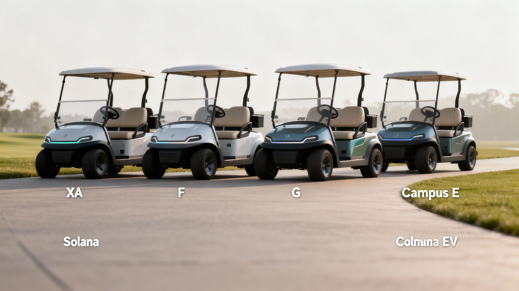 Solana EV golf carts lined up in a row, showcasing different models and colors.