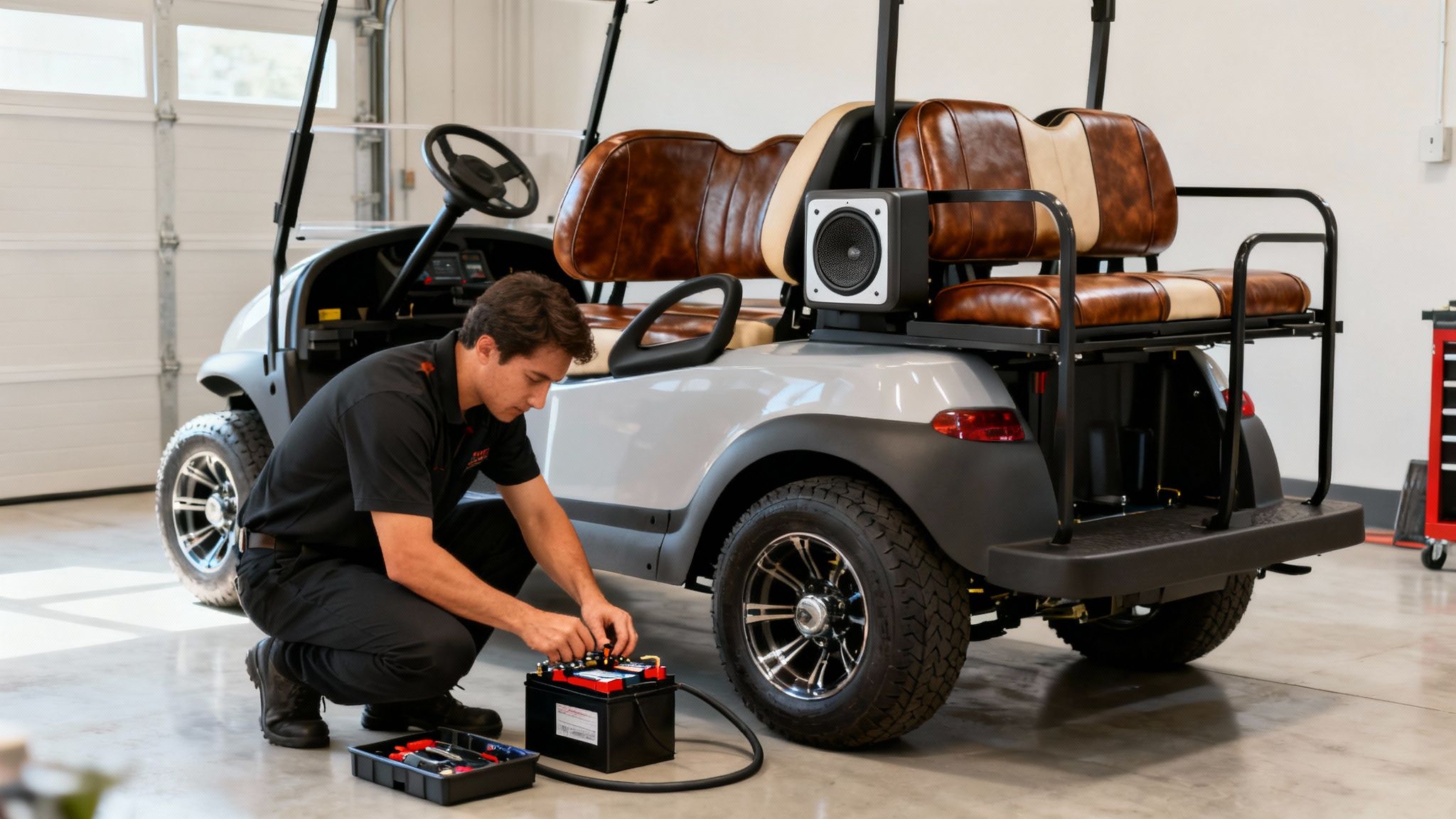 Man repairs a battery next to a white 4-seater golf cart with brown seats.